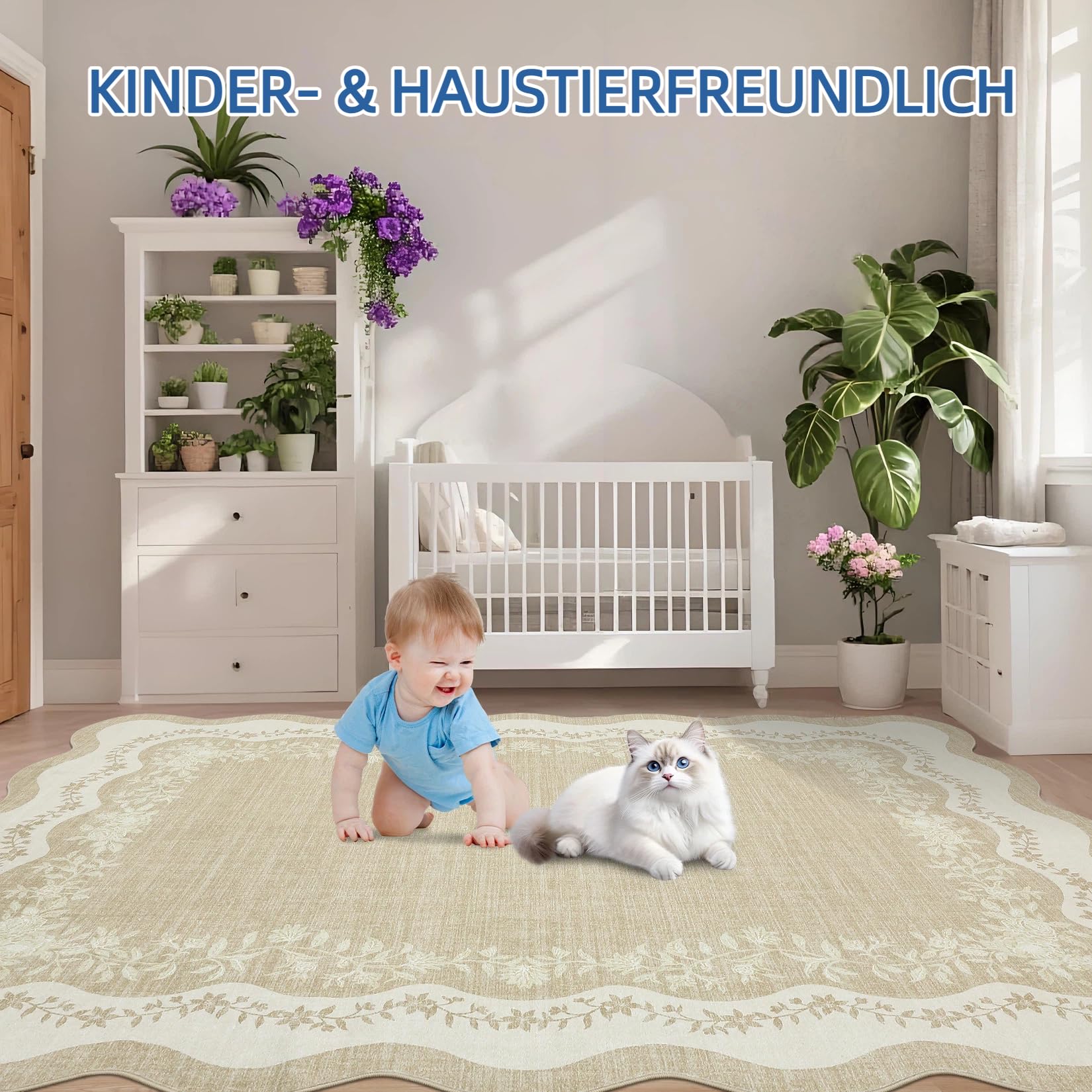 FairyStyle Teppich Wohnzimmer 160x230 cm Wellenrand Blumenmuster Beige