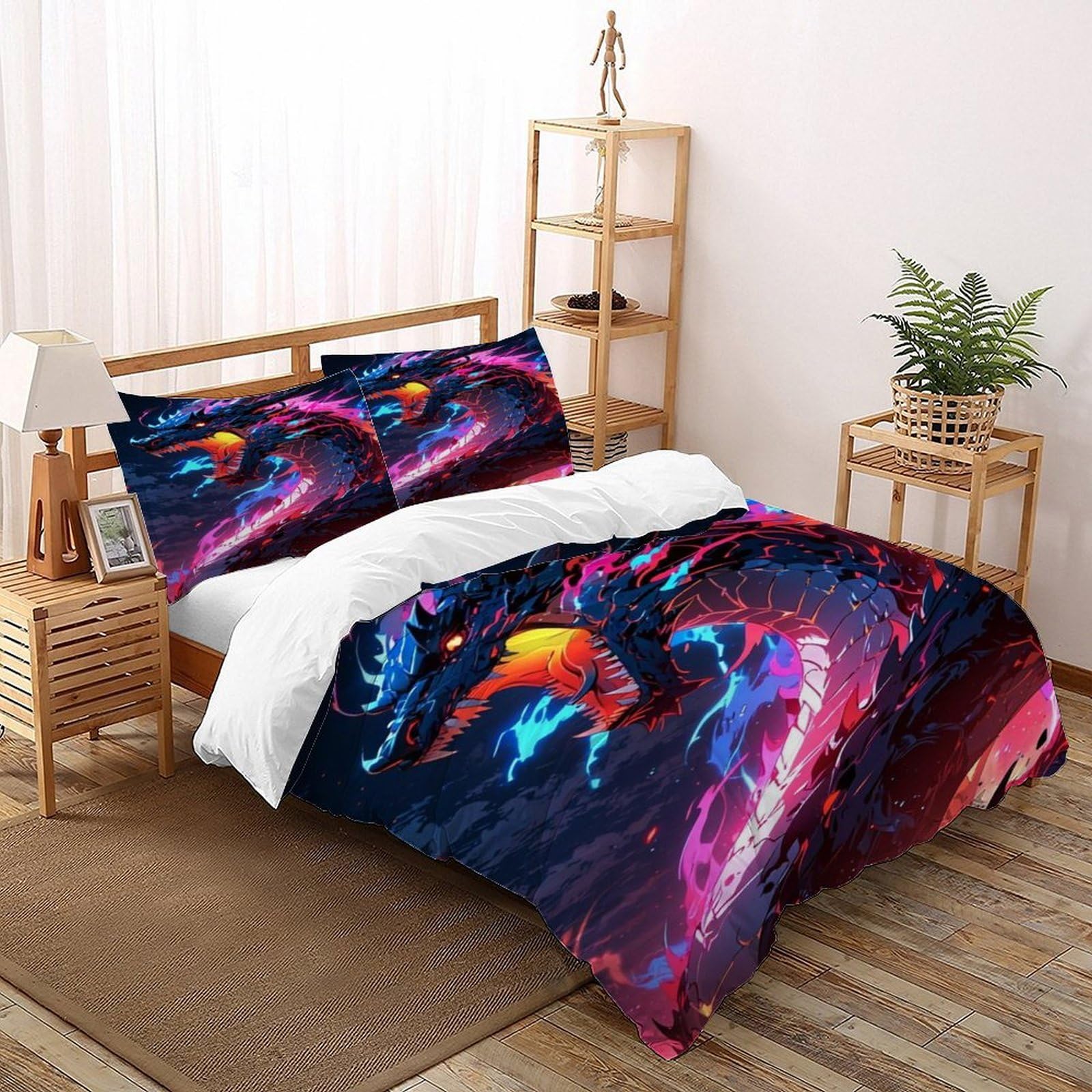 Housse de couette dragon flamme parure de lit double 200x200 microfibre