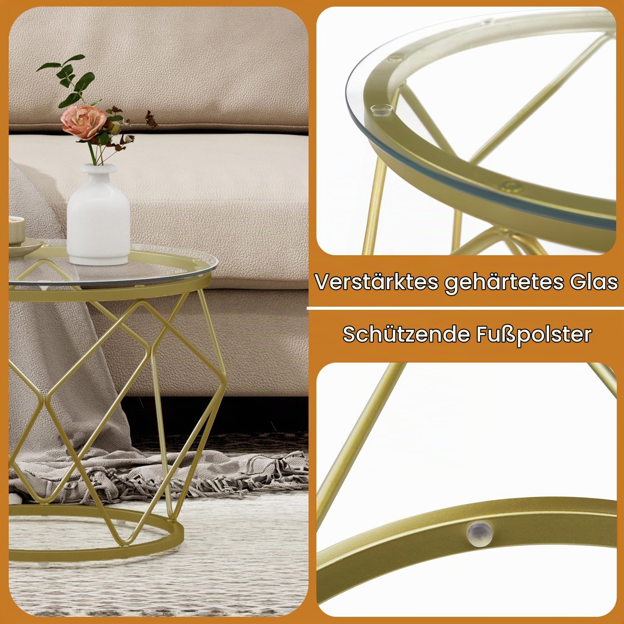 Hzuaneri Couchtisch rund, 2er Set Beistelltische, Beistelltisch-Set mit Metallrahmen, Kleiner Beistelltisch für Wohnzimmer, Schlafzimmer, Büro, Schlafzimmer, Gold 01801GCT