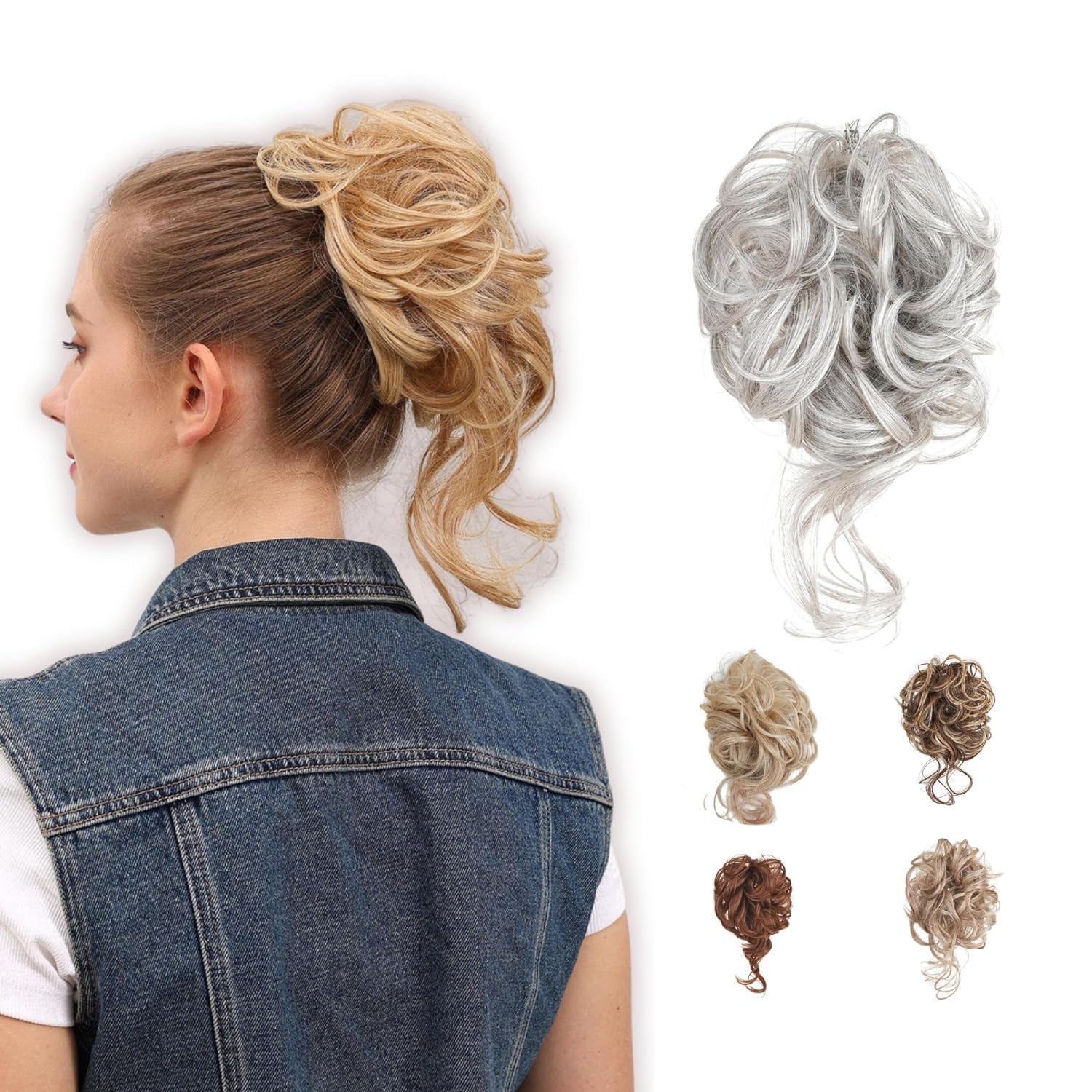 JuvaBun Light Gray Boho Messy Bun Hair Pieces for Women – Tousled Updo Hair Piece Scrunchie, Adds Instant Volume, Washable, Reusable & Realistic for
