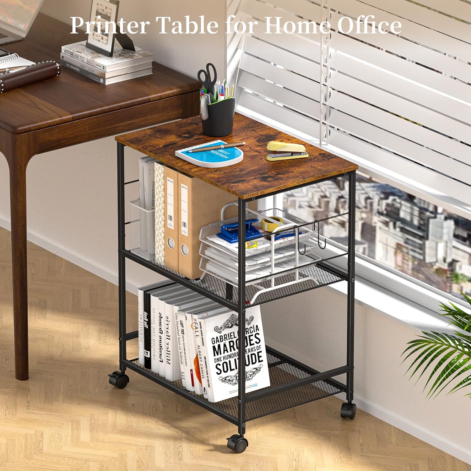 ThreeHio Printer Stand, 3Tier Printer Table with Wheels, Printer Cart with Storage Shelf, Printer Desk for Home Office Fax Machine Scanner, Rolling Cart for Kitchen, Laundry, Balcony, Living Room
