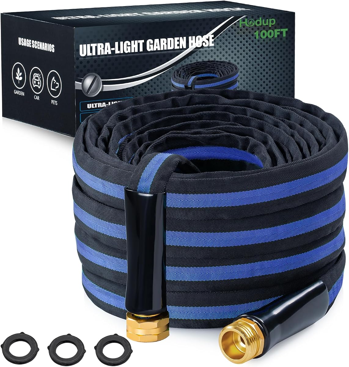 Ultra Lightweight 100FT Garden Water Hose | Heavy-Duty Kink-Free Flexible , Non-Expanding with Aluminum Fittings, Crush-Proof for Yard/Lawn/Outdoor Use(black-blue)