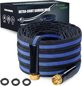Ultra Lightweight 100FT Garden Hose - Heavy-Duty Kink-Free Flexible Hose, Non-Expanding Design with Aluminum Brass Fittings, Crush-Proof for Yard/Lawn/Outdoor Use(Black-Blue, 100 FT)