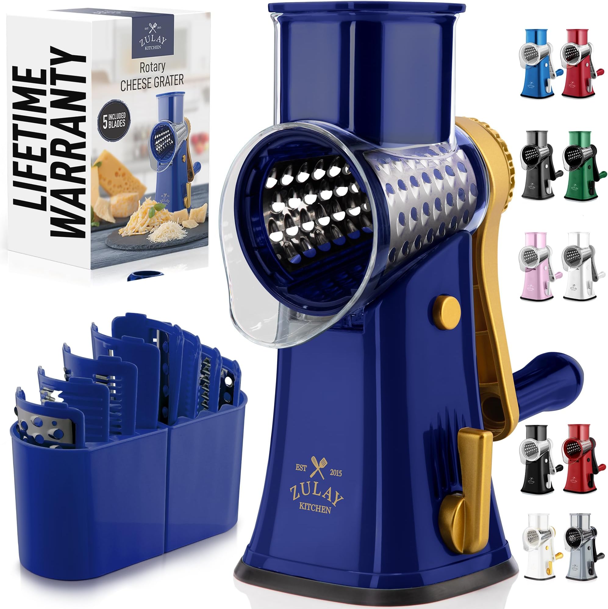 Zulay Kitchen Rotary Cheese Grater 5 Blade Cheese Shredder - Manual Hand Crank Cheese Grater With Reinforced Suction & 5 Interchangeable Drums - Easy to Use, Vegetable Chopper Round Mandoline Slicer