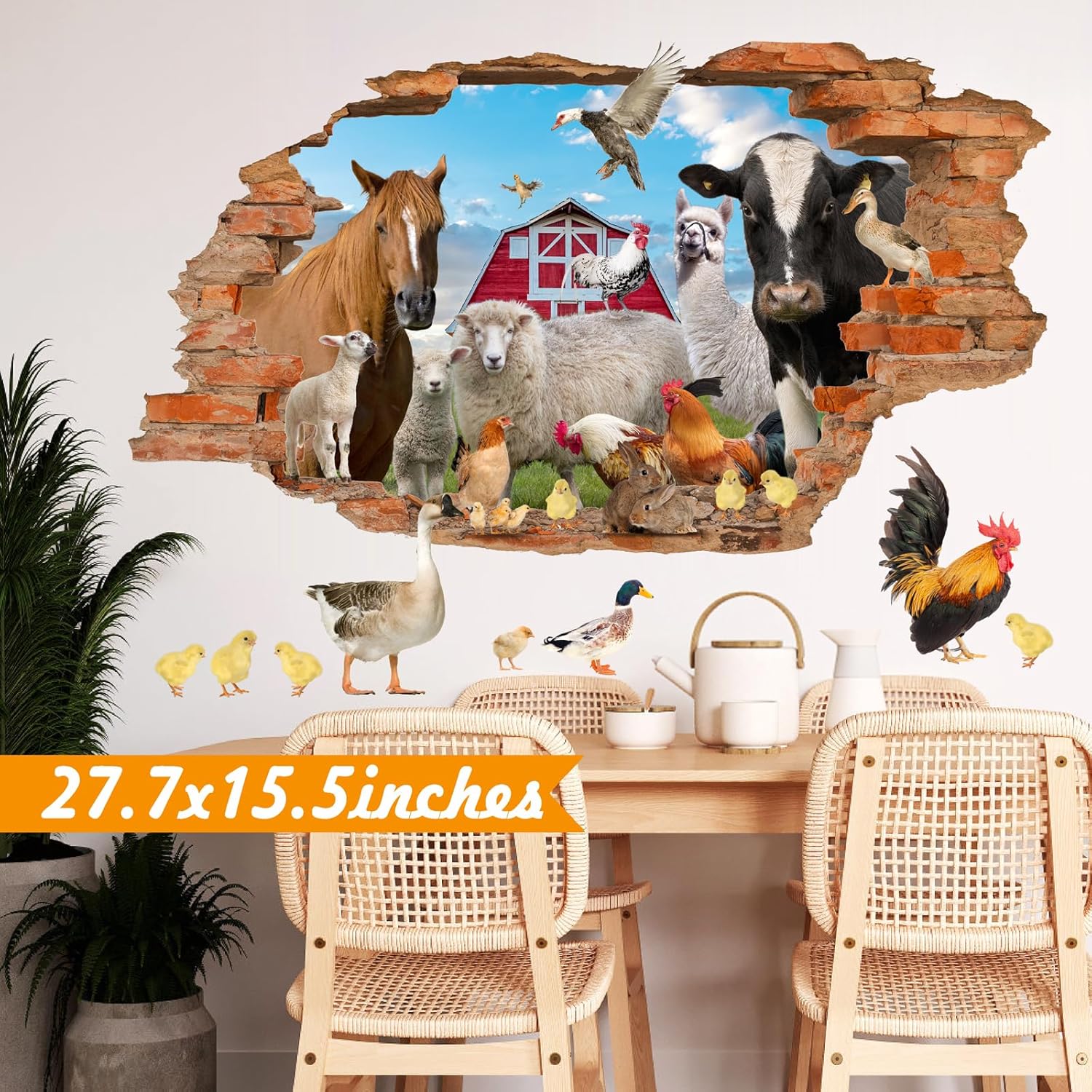 Farm Animals Wall Stickers 3D Broken Wall Decals Peel and Stick Farmhouse Art Decor Cartoon Animal Walls Decal Funny Cow Art Print Peeking Horse Rooster Vinyl Stickers for Living Room Kitchen Decor