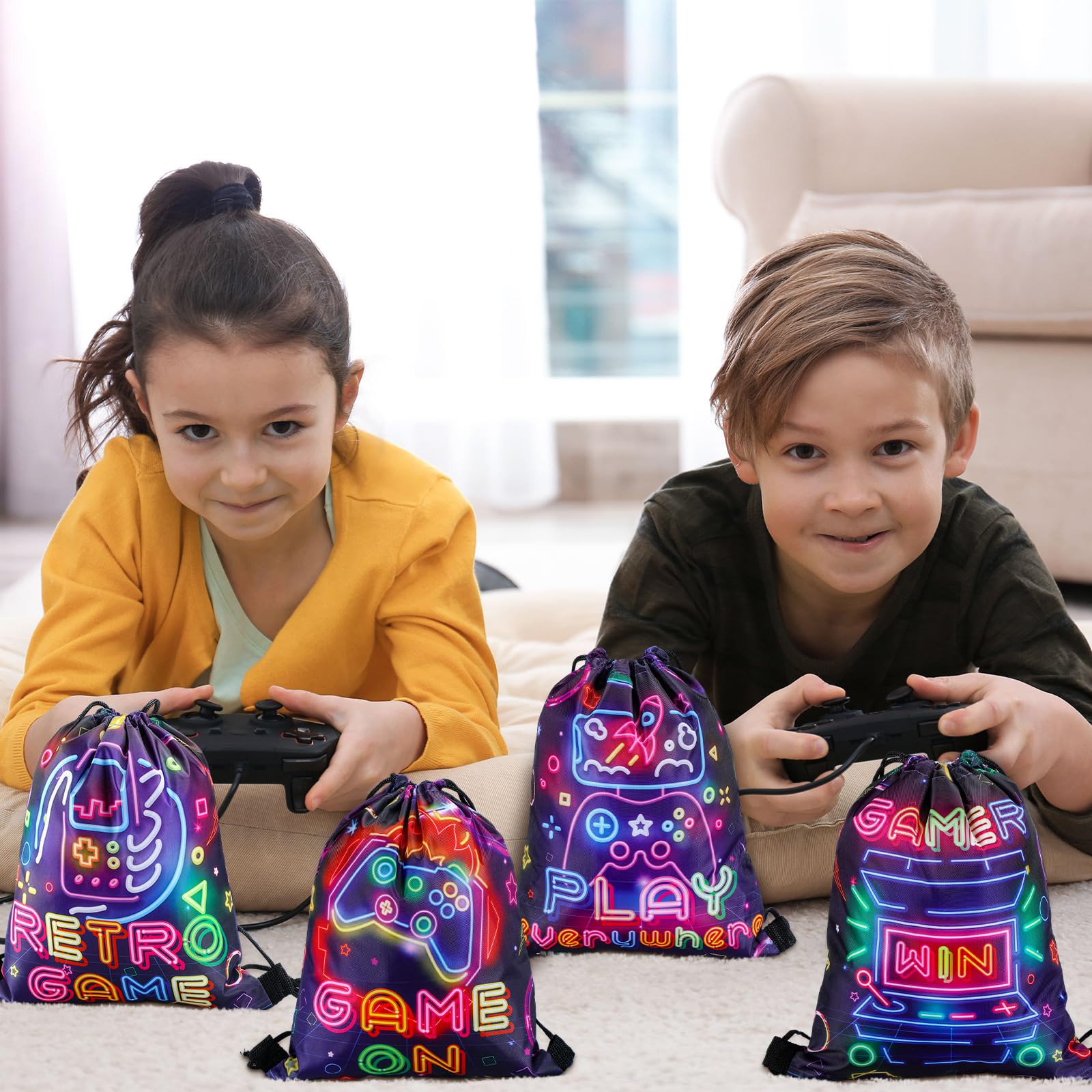 Huhumy 16 bolsas de recuerdo de fiesta de videojuegos, bolsas de cordón de neón de 12 x 10 pulgadas para niños y niñas, juego temático, suministros de fiesta, regalos, bolsas de dulces para fiestas de