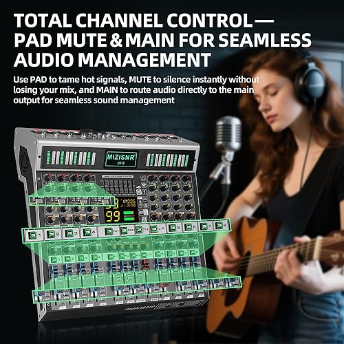 Miniatura 6 de Mezclador de audio de 8 canales, tablero mezclador de sonido de música profesional con reverberación, consola de mezcla de DJ digital con puerto USB
