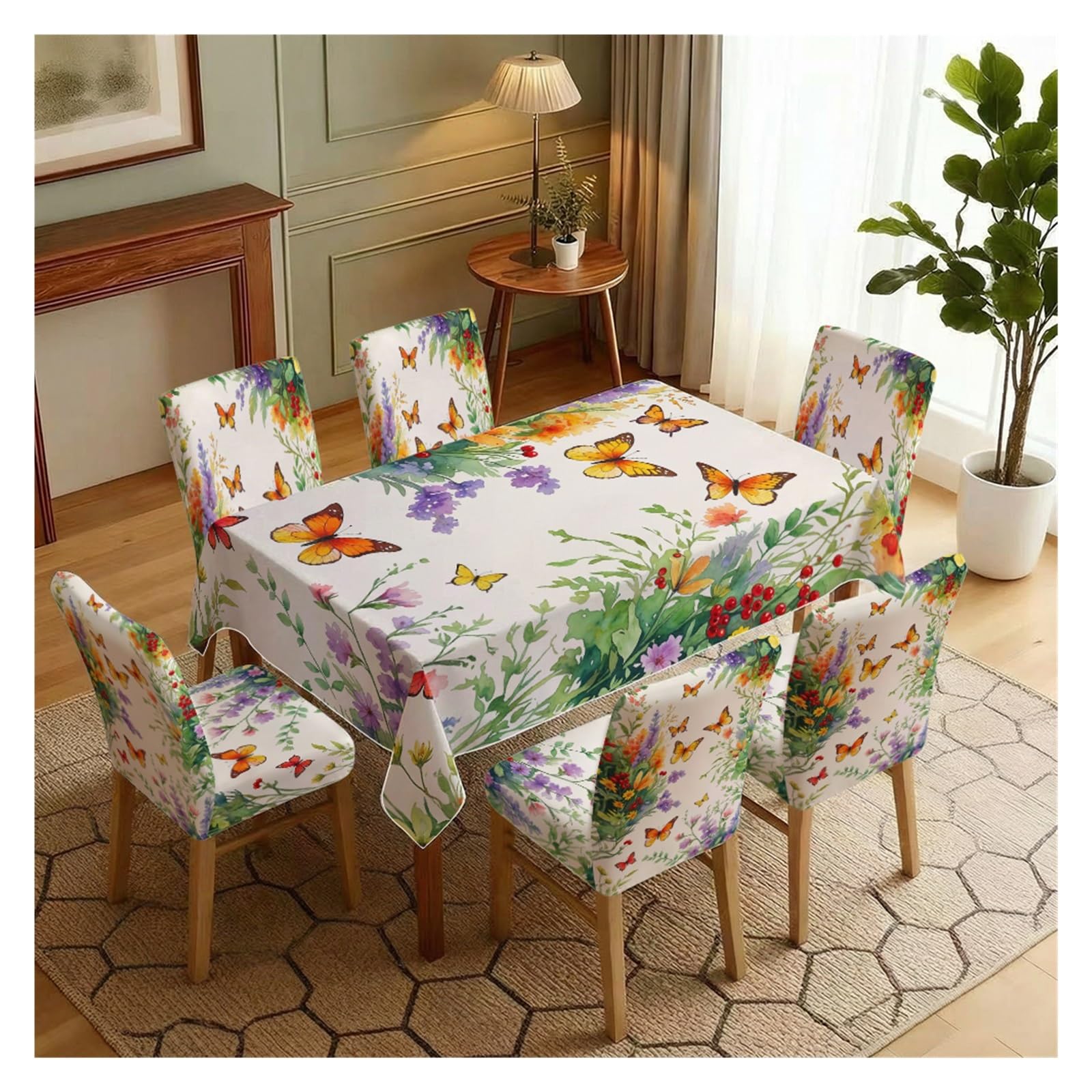 BOSUYBN Colorful Butterfly Floral Print Dining Tablecloth & Chair Cover Set, 5/7 Piece Botanical Slipcovers For Dining Kitchen Table Setting(7pcs Set: Tablecloth+Chair Covers)