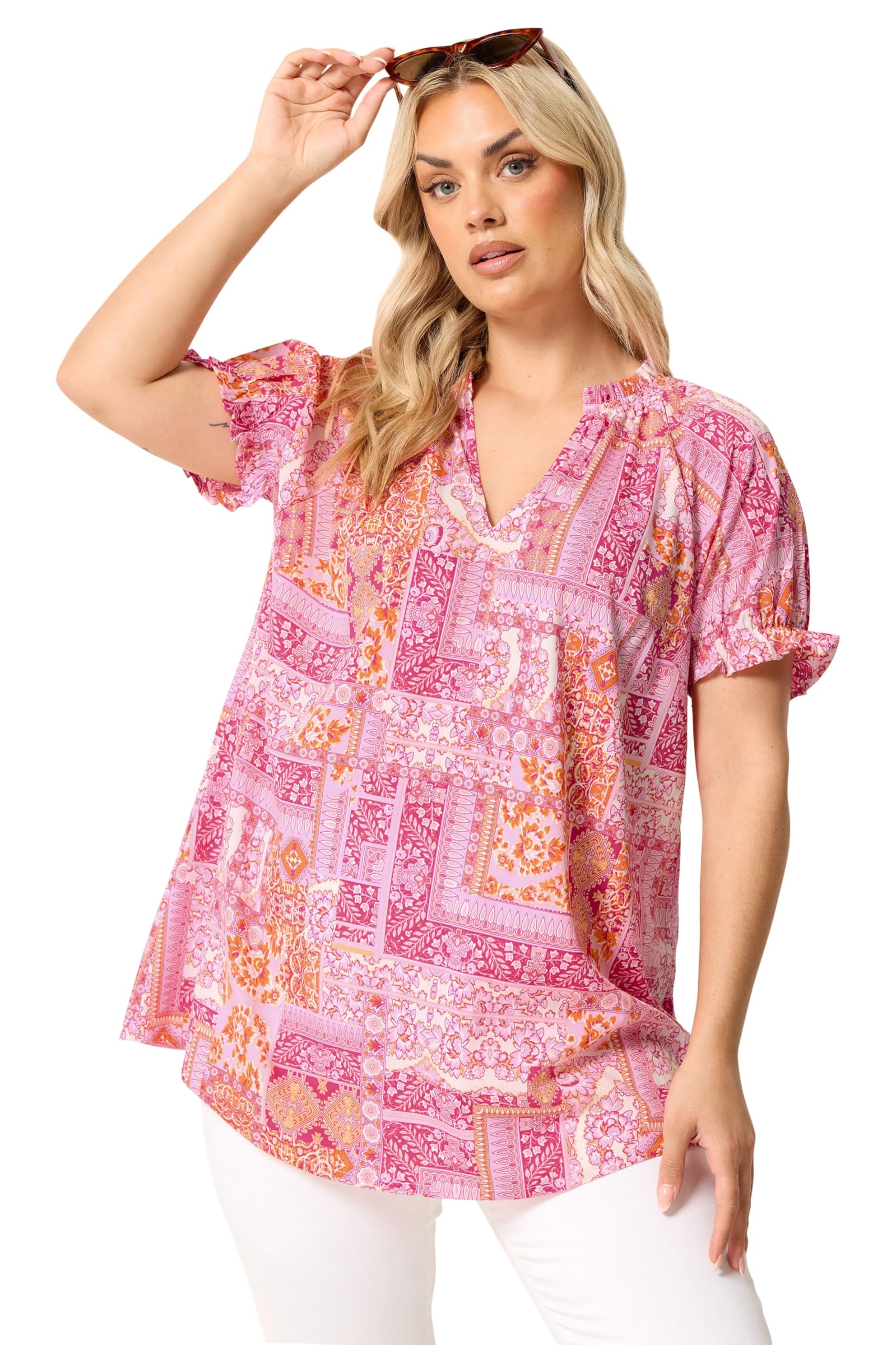 Yours Women's Pink Tile Print Blouse In | Size: 22-24