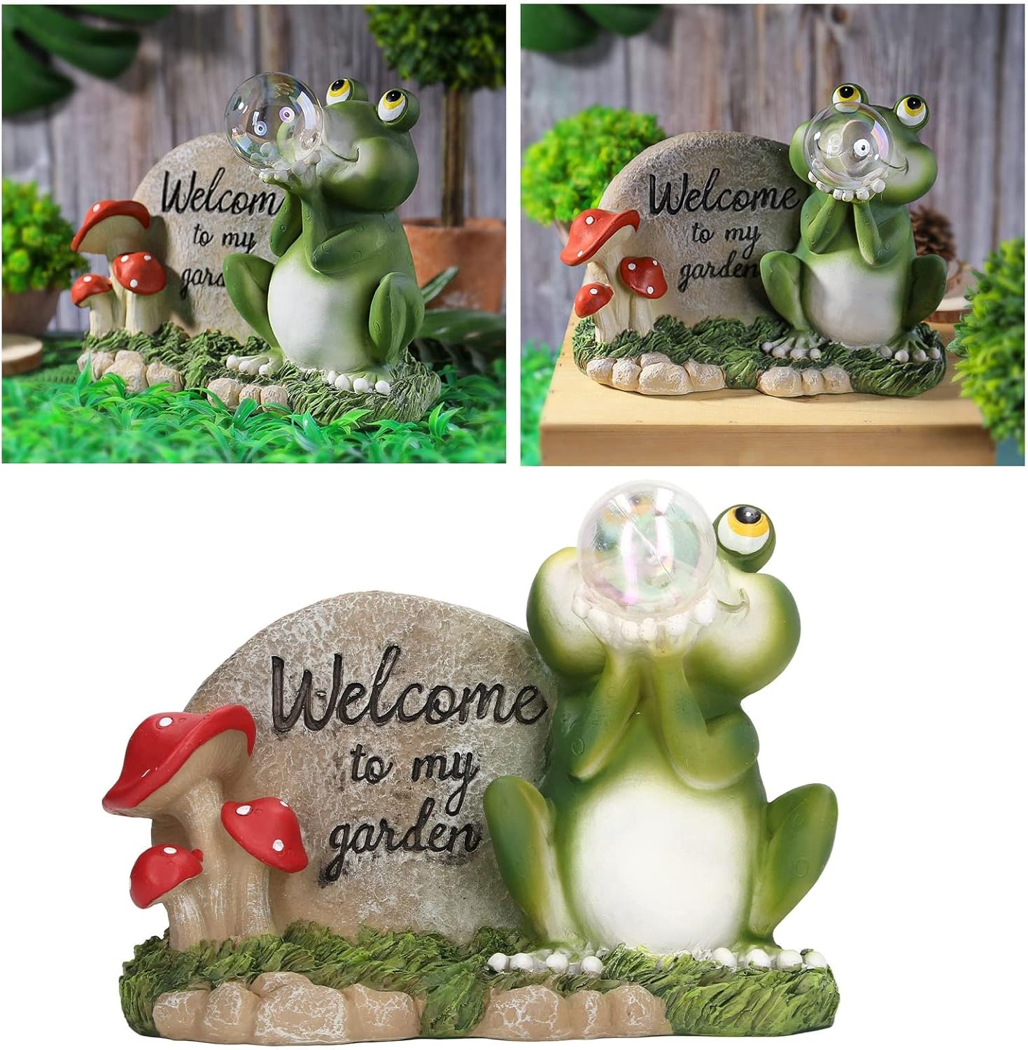 Garden Resin Statue Decoration with Solar Light, Garden Backyard Welcome to My Garden Resin Art Frog Sculpture Solar Powered LED Outdoor Decor Garden Light