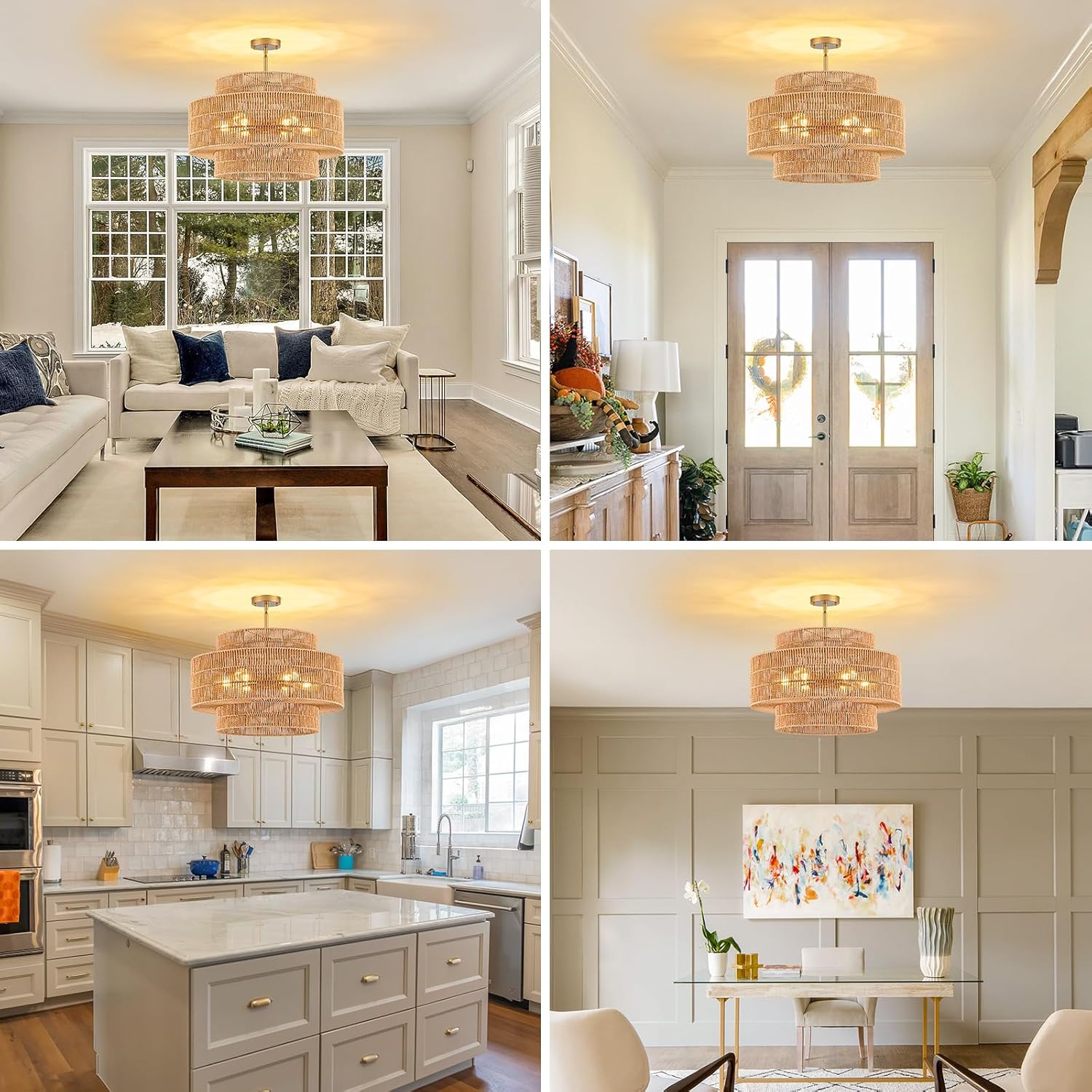 23.6" Rattan Light Fixtures Ceiling Mount, 6-Light Boho Flush Mount Ceiling Light with 3-Tier Hand-Woven Drum Shade, Rustic Rattan Chandelier for Dining Room Living Room Kitchen Island Farmhouse Foyer