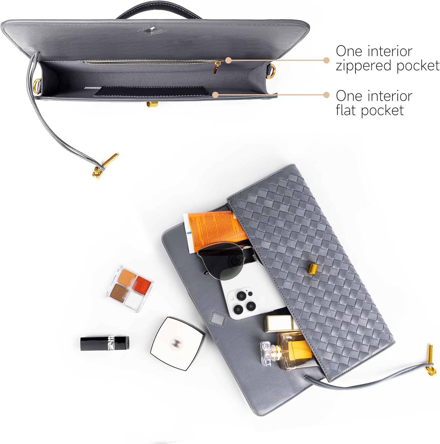 Joryin Woven Purse For Women Evening Clutch Woven Leather Handbags Crossbody Bag Suede Purse Formal Evening Bag, Slate Gray - Image 5