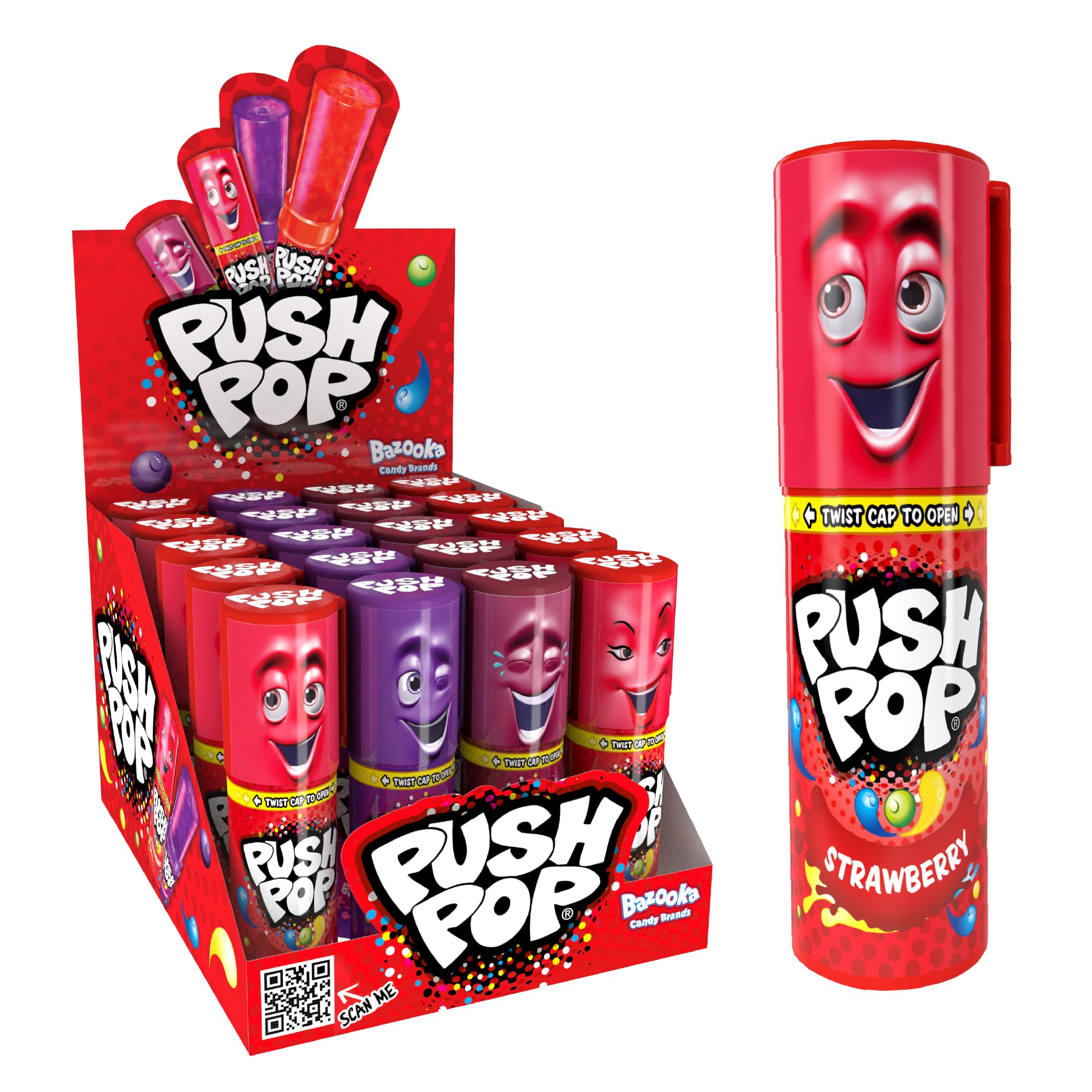 Push Pop Lollipops (Pack of 20 Lollipop Sweets Bulk) Twist Cap and Clip, Tasty Kids Sweets for Party Bags, Strawberry, Blackcurrant & Cola Lollies - Halal Candy