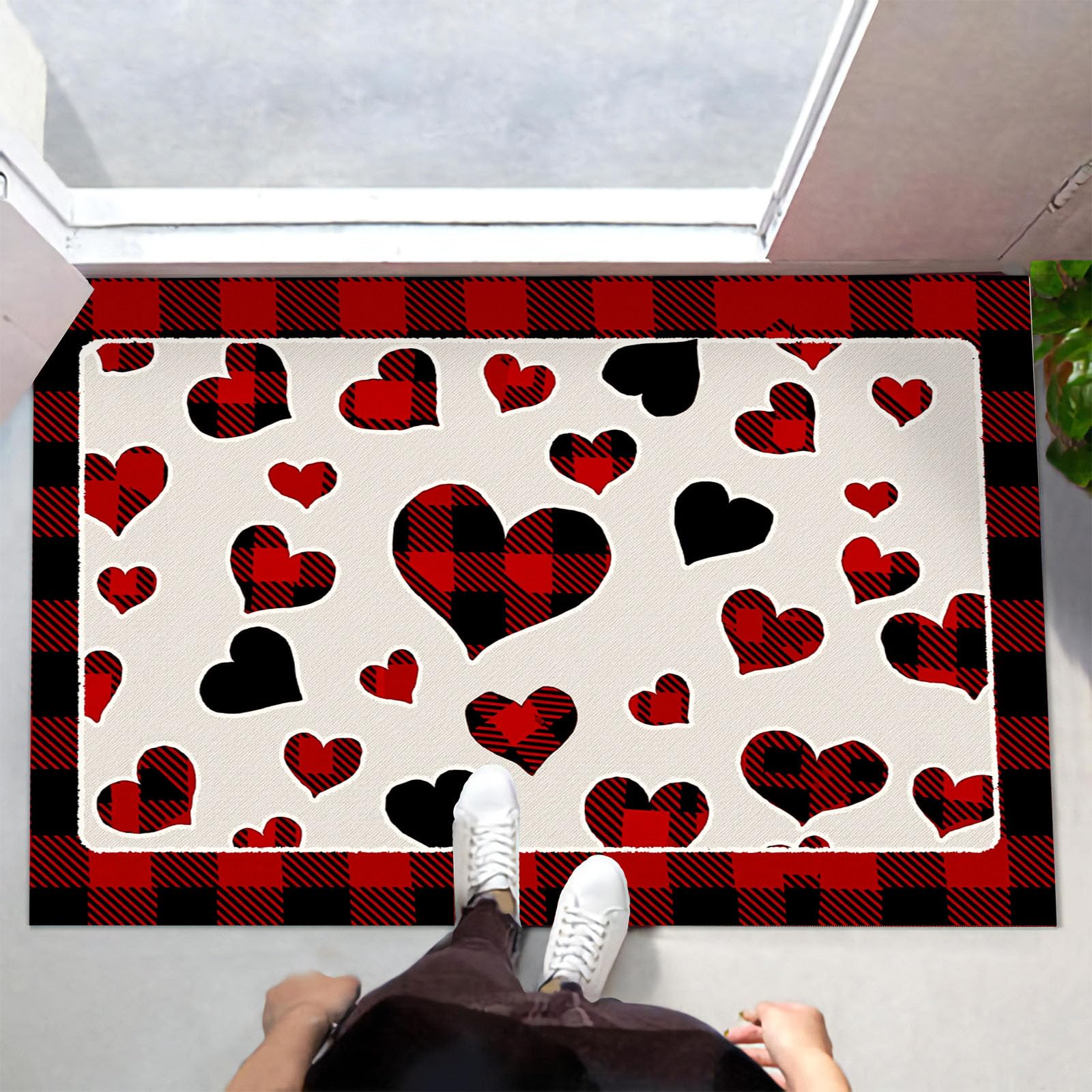 Schmutzfangmatte Innen, Retro-Büffelkaro-Herz Waschbarer Fussmatte, Dünne Fussmatte, Geometrisches Land Teppiche Niedriger Flor rutschfest Für Flur Eingangsbereich, 90X150Cm, Rot Schwarz