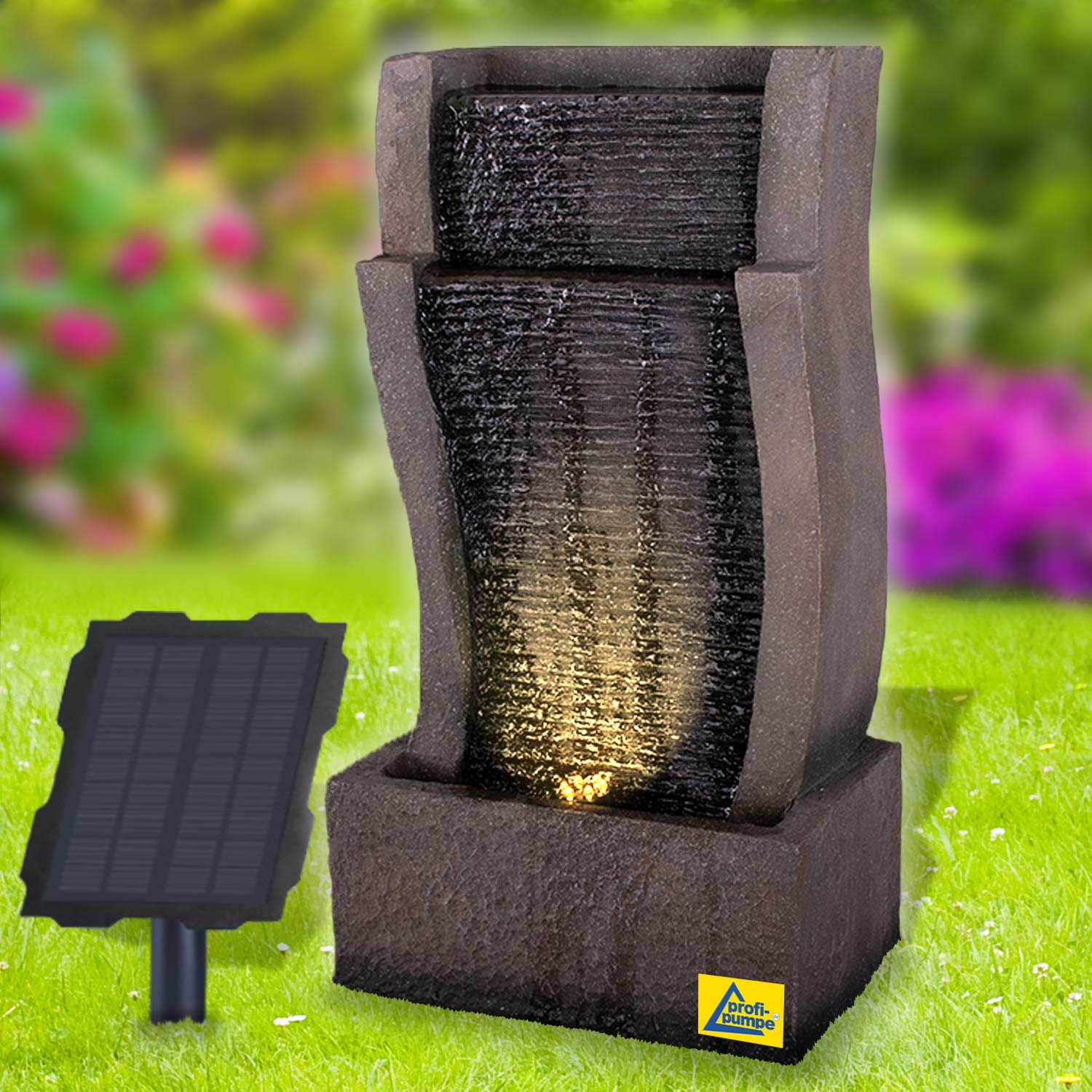 Fontana da giardino a energia solare, fontana decorativa a cascata, lampada da giardino, pompa per laghetto, per terrazza, balcone, con pompe, con batteria agli ioni di litio e luce LED (RHEIN-Gold)