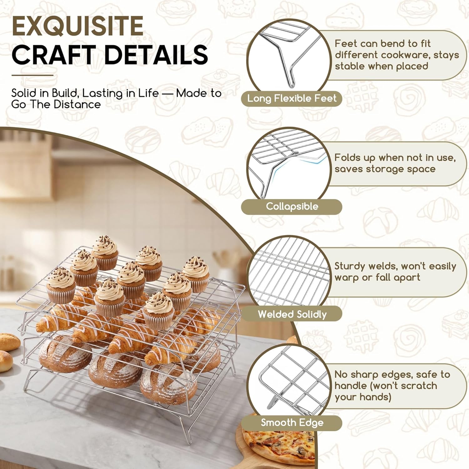 Herogo 5-Tier 15" x 10" Cooling Rack, Stainless Steel Baking Rack for Cookies, Cupcakes, and Pastries, Collapsible Space-Saving Design, Dishwasher Safe, Ideal for Baking, Roasting, and Drying