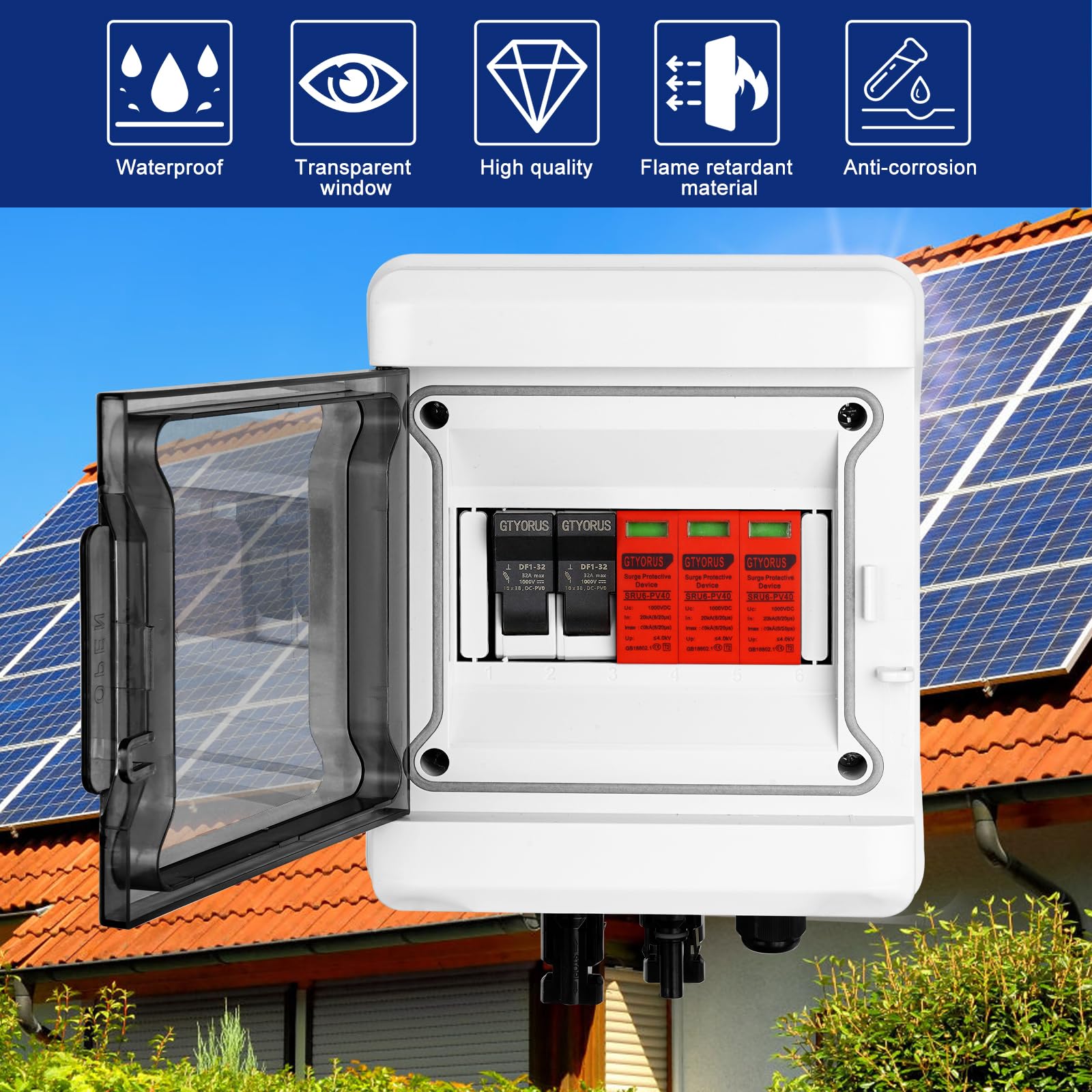 Scatola di Giunzione Solare Fotovoltaica, Scatola di Fusibili 1000V 32A, Impermeabile IP65, 1 Stringa 6 Moduli (1 Ingresso 1 Uscita)