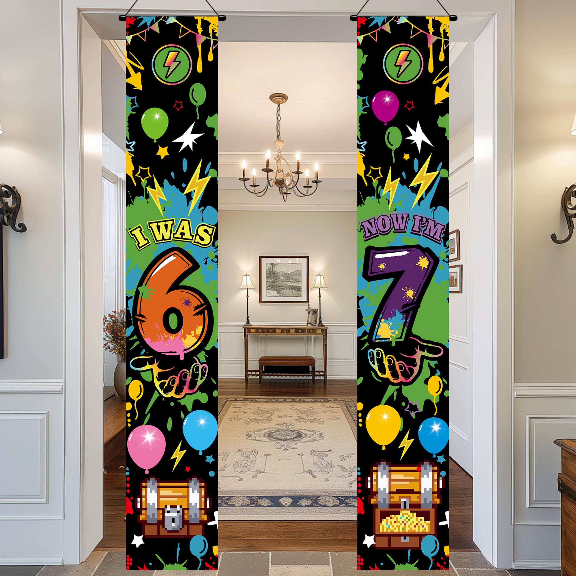 67 Birthday Decorations Door Banner - 2 PC Colorful I was 6 Now I'm 7 Banners for 6 7 Birthday Balloon Treasure Chest Lightning Headphones Theme Funny Six Seven Party Supplies (180 * 30cm)