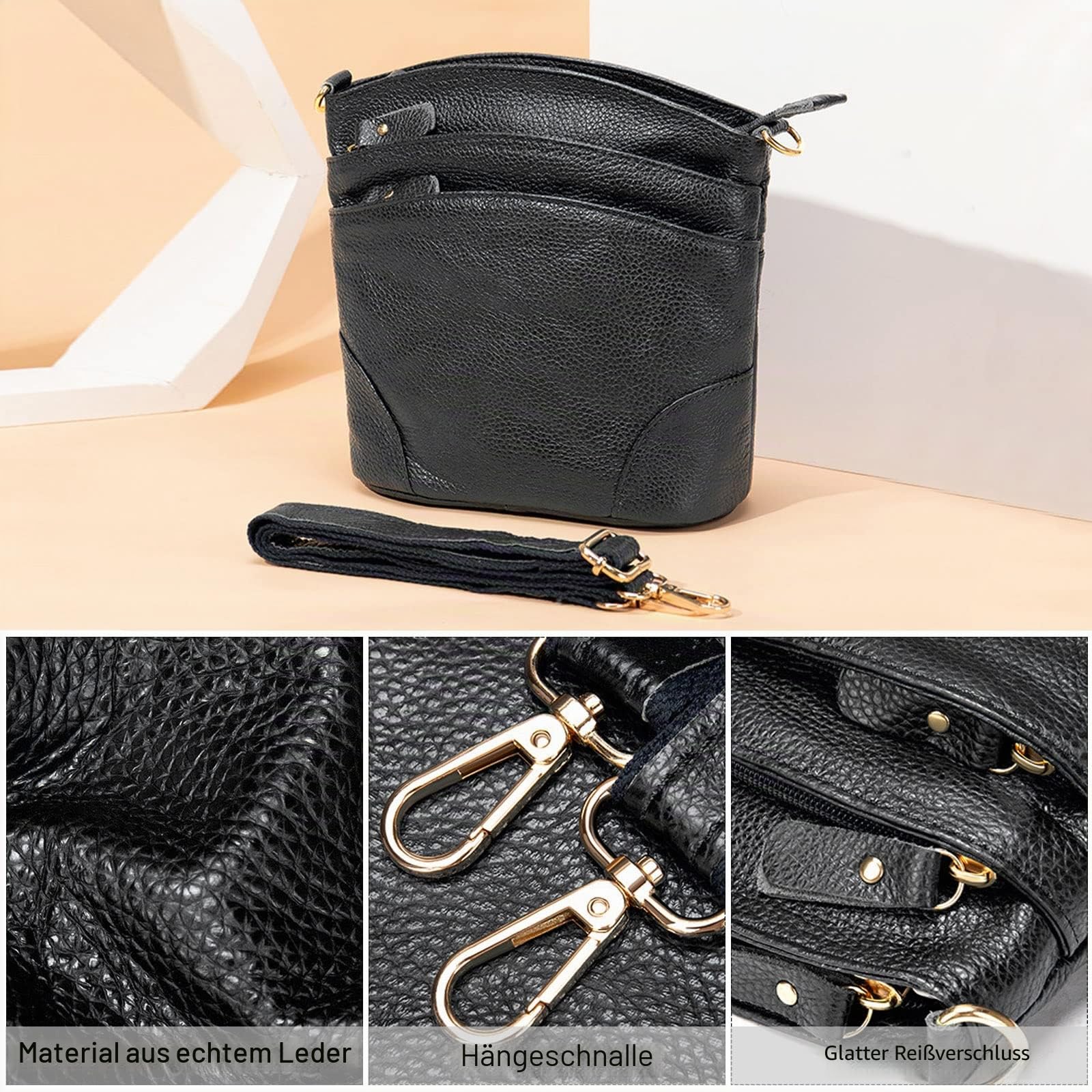 FANDARE Damen Handy Umhängetasche Crossbody Tasche Handtaschen Leder Schultertasche Frauen Handytasche zum Umhängen Schultertasche Portemonnaie Geldbörse Damentasche Schwarz