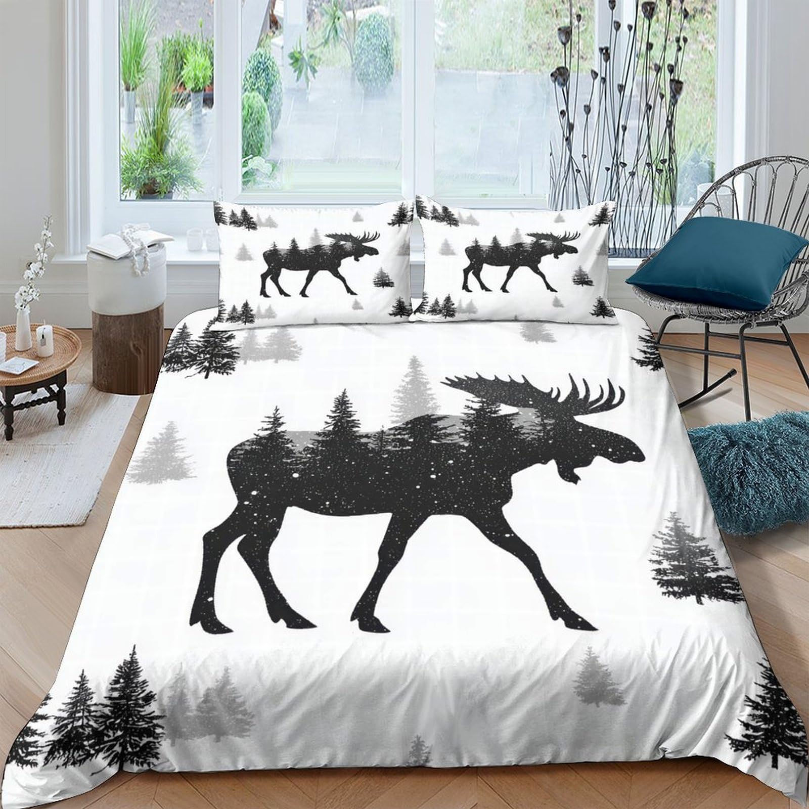 Ctjqhvkz Style-9 3D Printed Black Moose Forest Fitted Sheet Microfiber Non-Slip Bed Cover For Bedroom Guest Room Dorm Mattress Protection Single（135X200cm）
