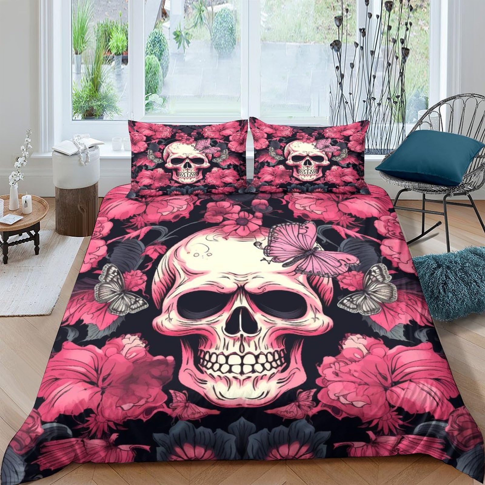 Funda nórdica de calavera y rosas para transformar el dormitorio juvenil con ropa de cama 3D