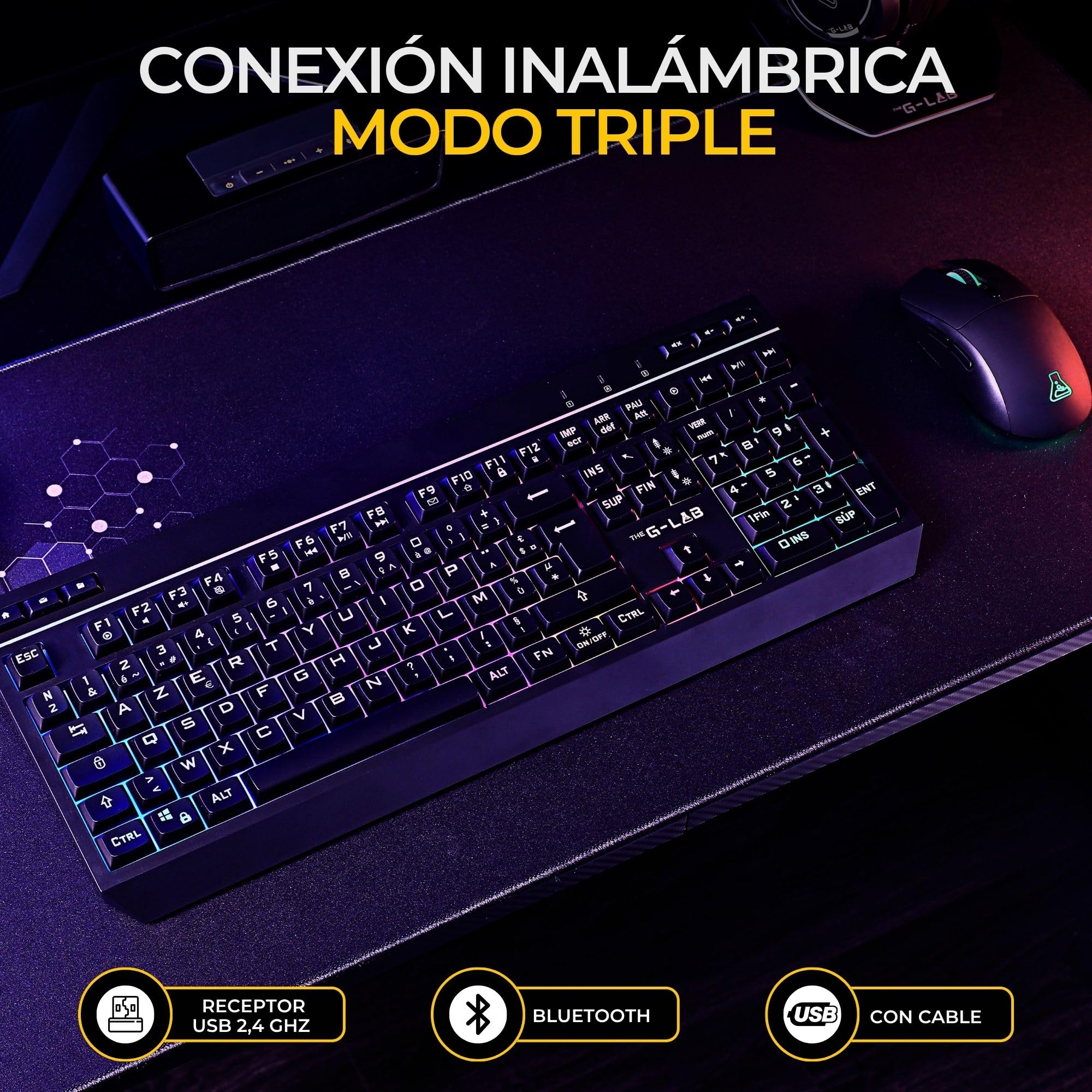 The G-Lab Combo Tungsten EX bezprzewodowa klawiatura do gier i myszka, potrójna łączność 2,4 GHz/BT/kablowa, bezprzewodowa klawiatura QWERTY, RGB & Macro, mysz 6400 dpi, PC/PS4/PS5