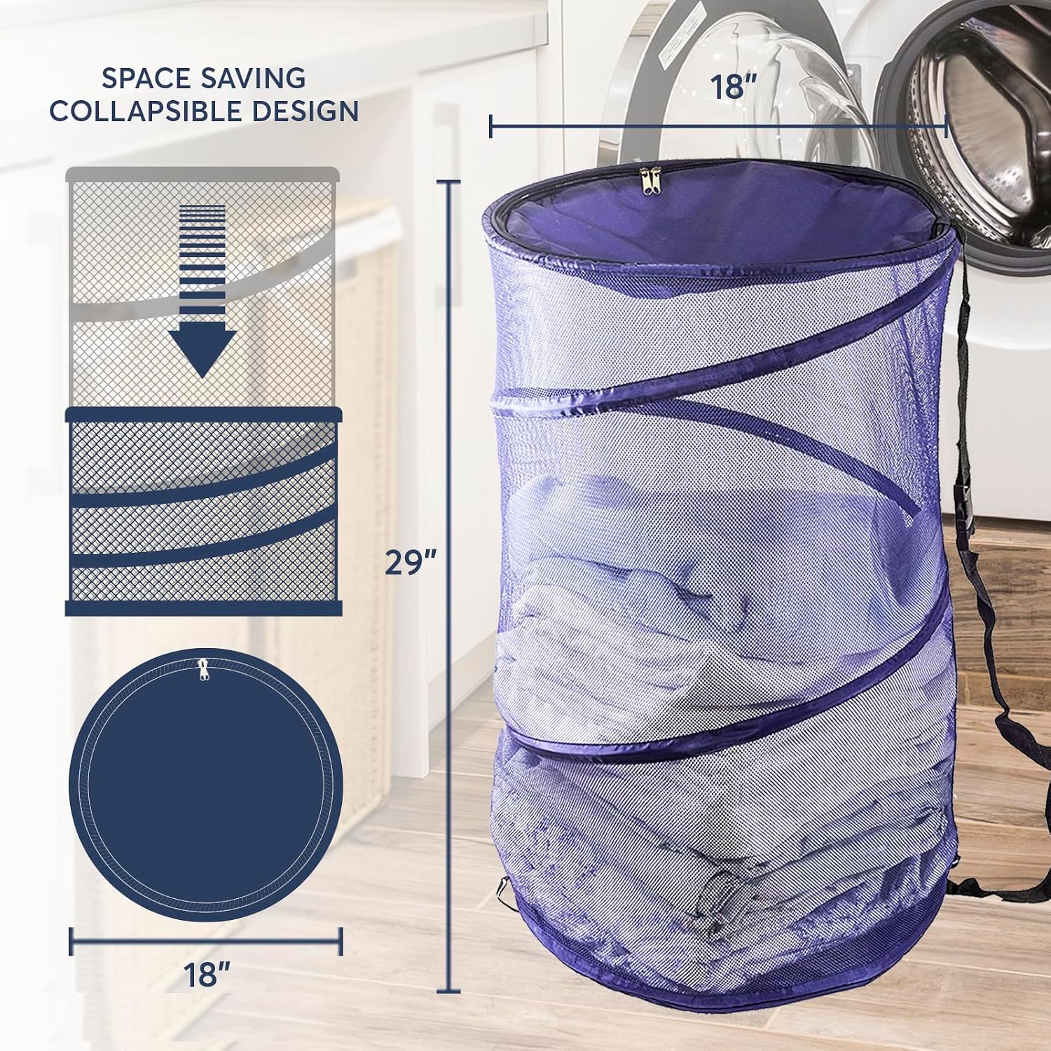 Collapsible Wire Mesh Laundry Hamper, Navy Blue, Durable, Flexible, Lightweight, Portable, 18"W x 29"H