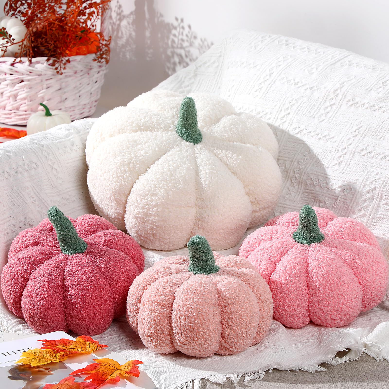 Kajaia 4 Pcs Fall Decor Pumpkin Throw Pillow Fall Pillow 11 Inches 7 Inches 3D Cushion Thanksgiving Sherpa Plush Fluffy Stuffed for Autumn Halloween Christmas Home Sofa(White, Pink Series)