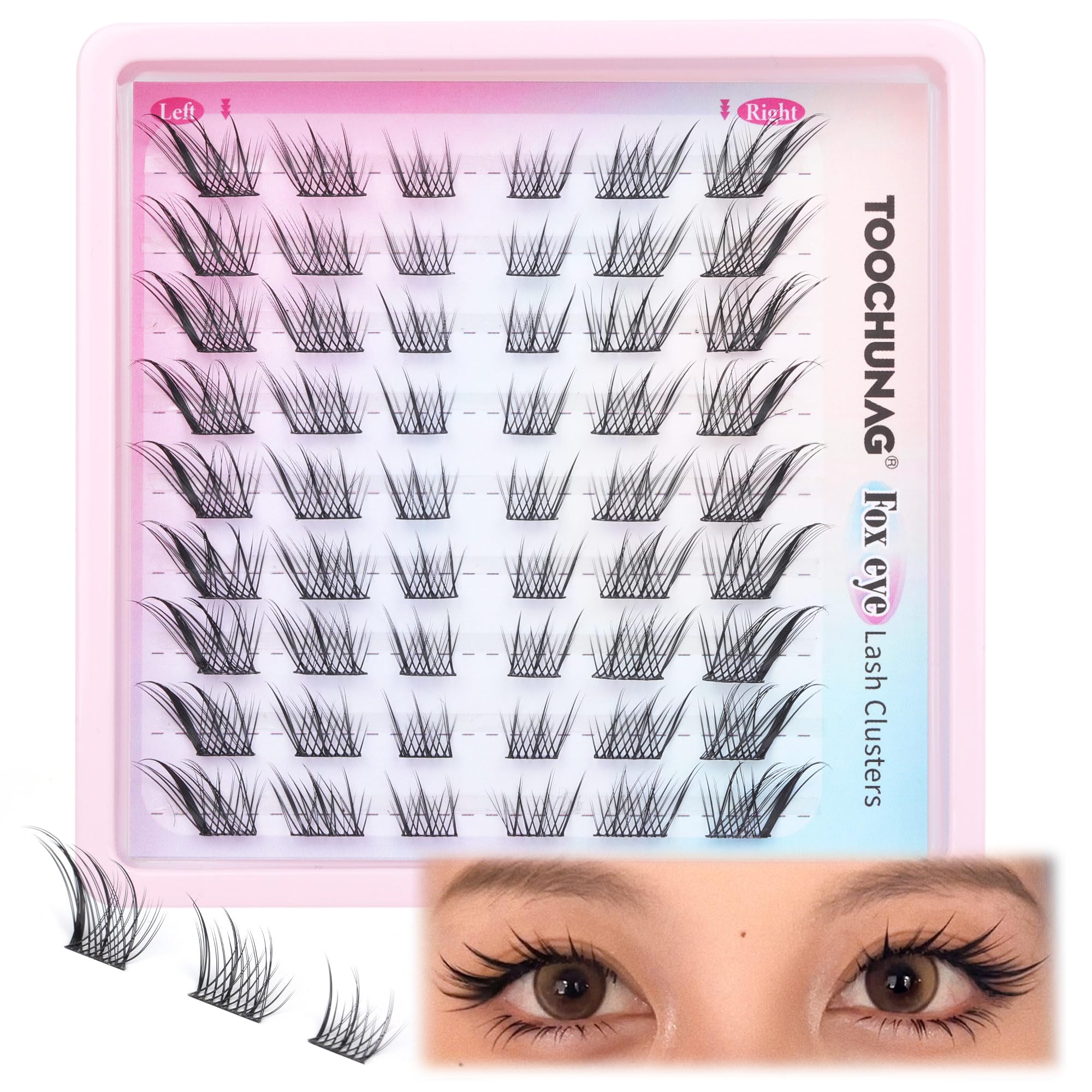 TOOCHUNAGCat Eye Lashes Natural Individual Eyelashes 14mm Fox Eye Lash Clusters CC Curl Left Right Wispy Eyelash Clusters Russian False Lashes