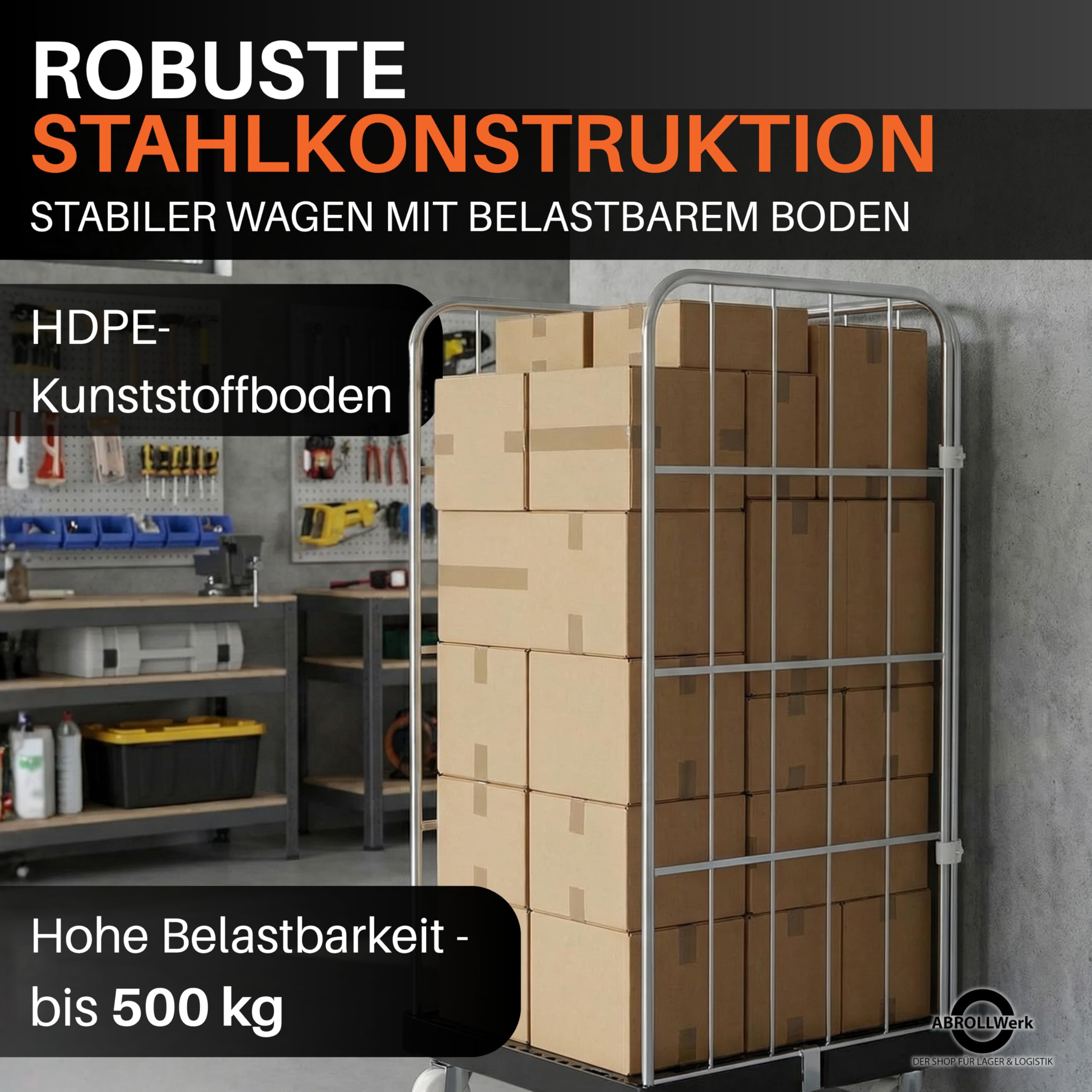 Rollbehälter 1350 mm Nutzhöhe (500 kg Traglast), Kunstoffplatte schwarz, 3-seitig, Maße 724 x 815 x 1530 mm – robuster Gitterwagen Typ Cr3-verzinkt für Garage, Lager, Transport und Logistik