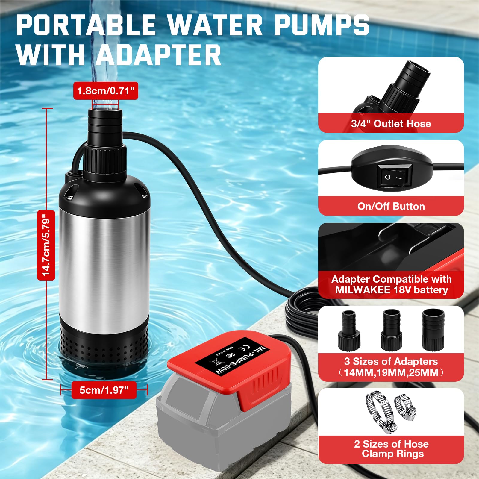 Wasserpumpe für Milwaukee 18V Akku, 3800L/H Bürstenlose Tauchpumpe Sumpfpumpe Schmutzwasserpumpe Absaugpumpe Flachwasserpumpe für Pool, Gartenbewässerung, Autowäsche, Schwimmbadentleerung(Keine Akku)