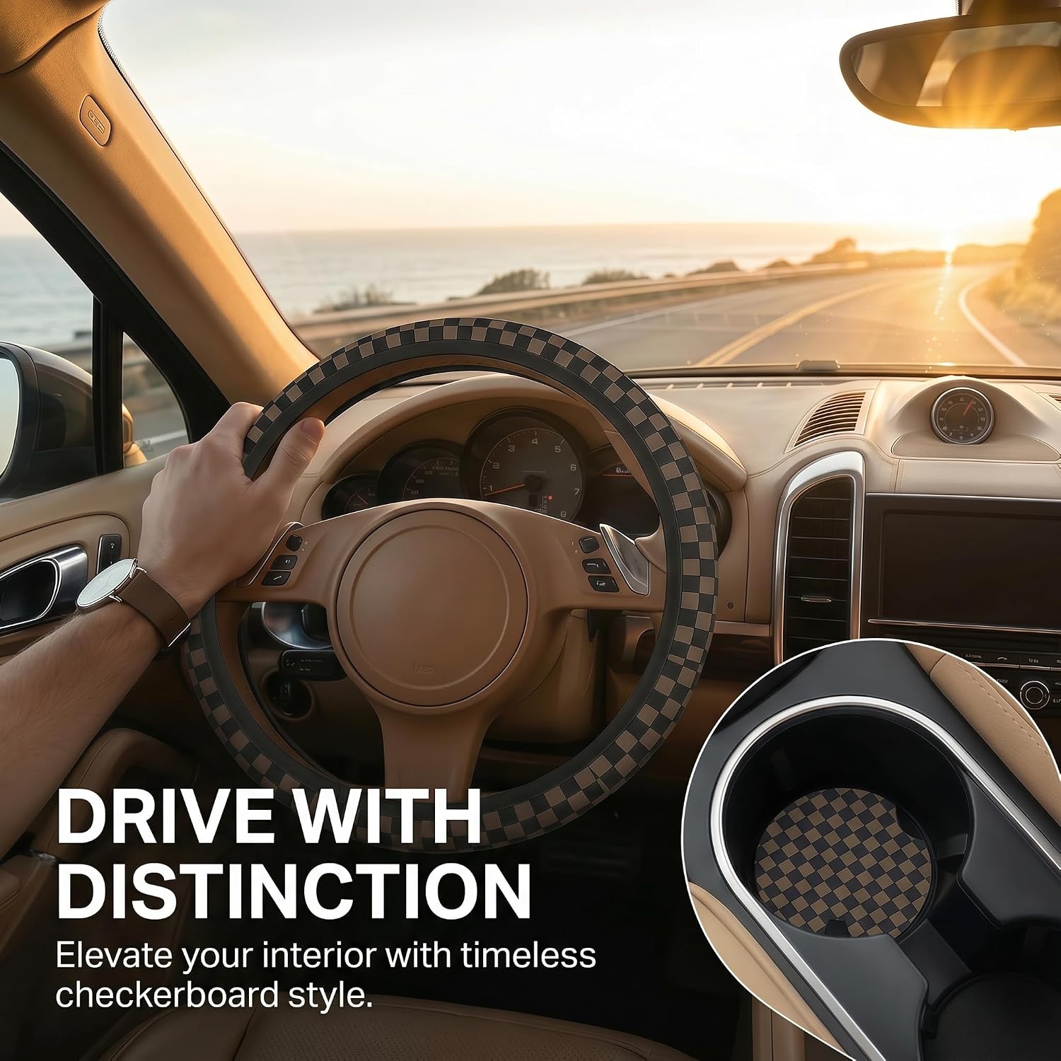 Checkered Black Brown Steering Wheel Cover 15 Inch Car + 2 pc Car Coasters | Black Brown Checkered Steering Wheel Cover Anti-Slip Breathable Universal for Suitable