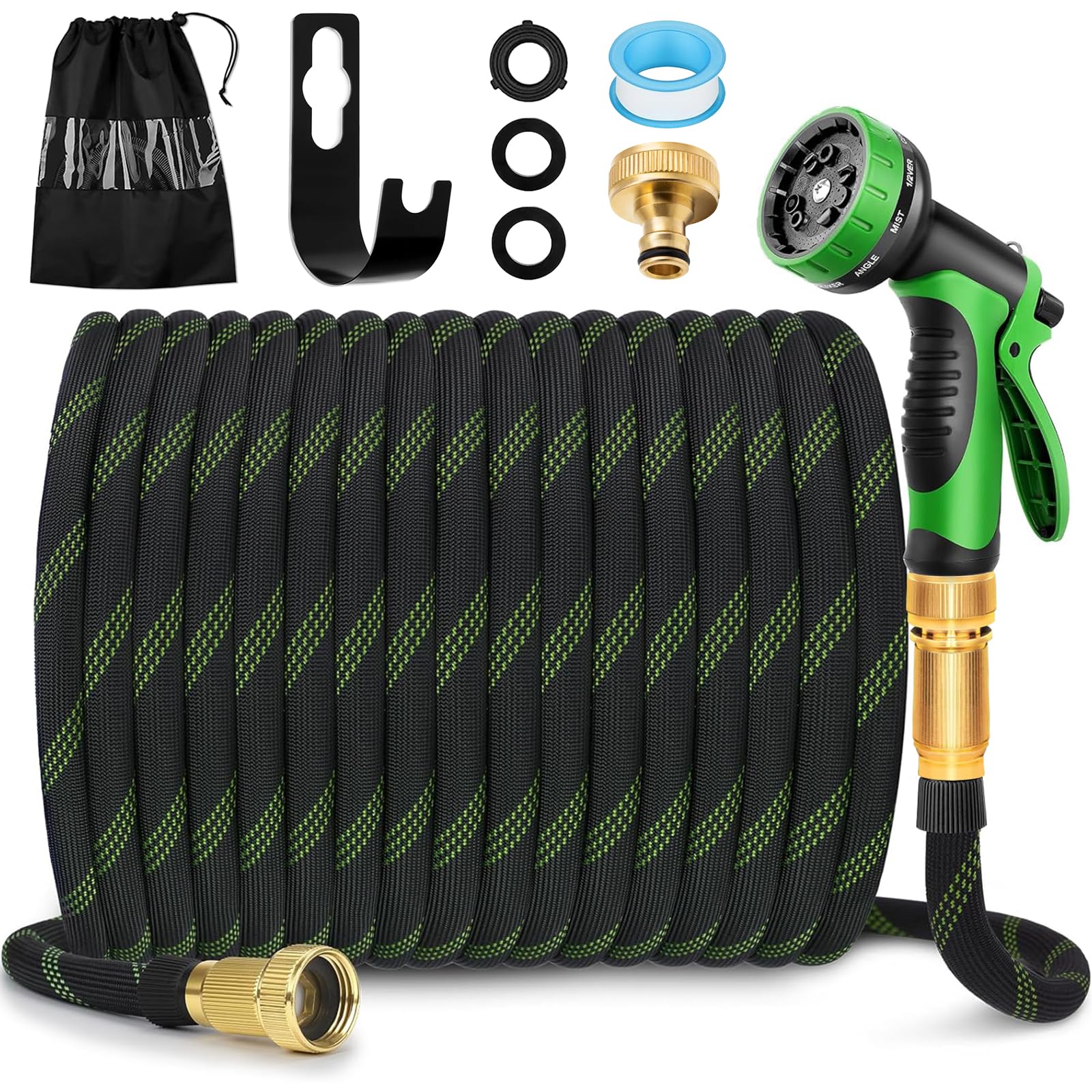 Tubo Acqua Giardino Estensibile 15m con Pistola a 10 Modalità | Canna Acqua Giardino, TPE, Adattatore Alluminio Rame, Raccordi in Ottone 1/2" e 3/4", Perfetto per Irrigazione e Autolavaggio