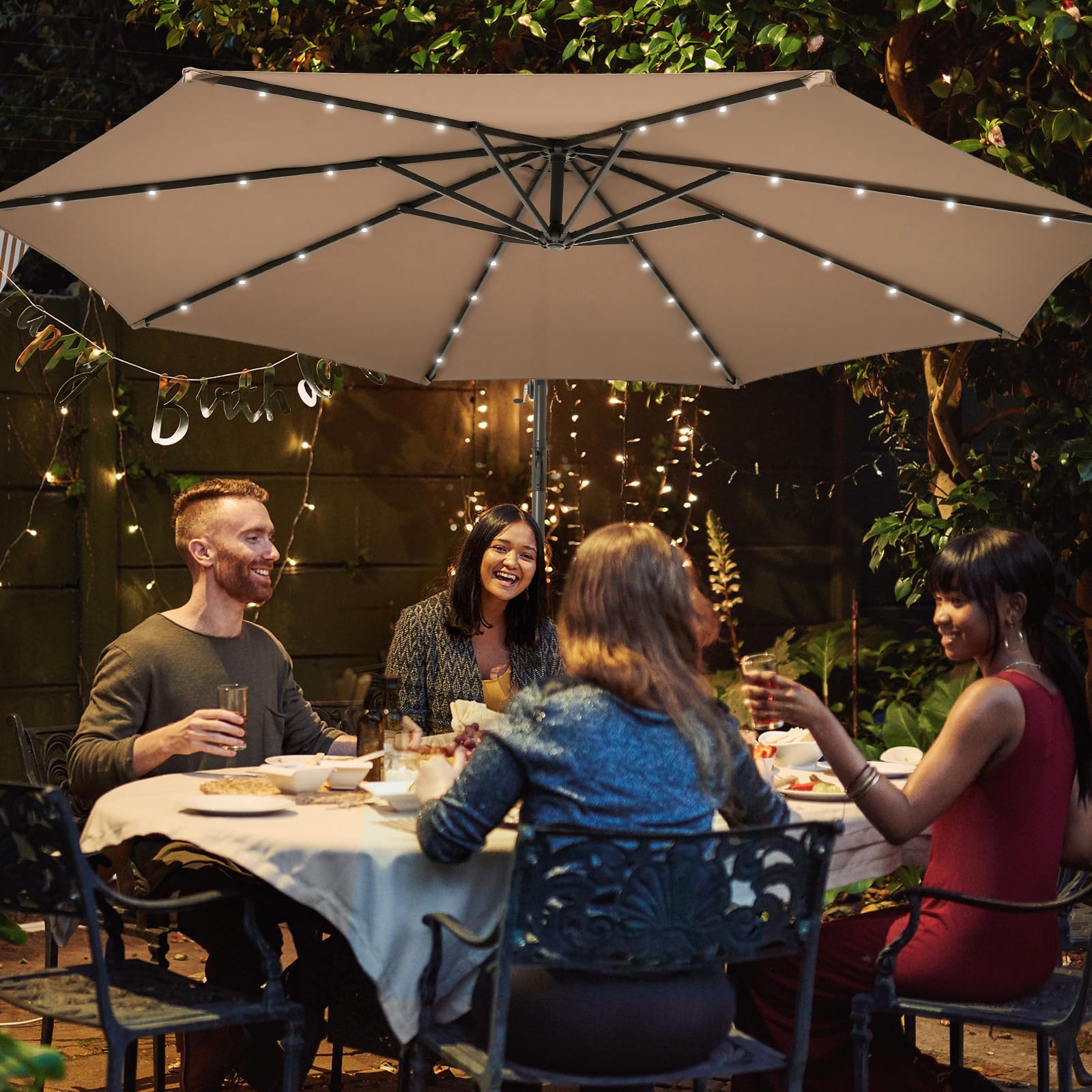 KOMFOTTEU Ombrellone da Giardino con LED e Pannello Solare, Ombrellone Parasole con Sacchi di Sabbia, Anti UV, Impermeabile, Regolabile ad Angolo, Ombrellone da Giardino 3x3 con Manovella