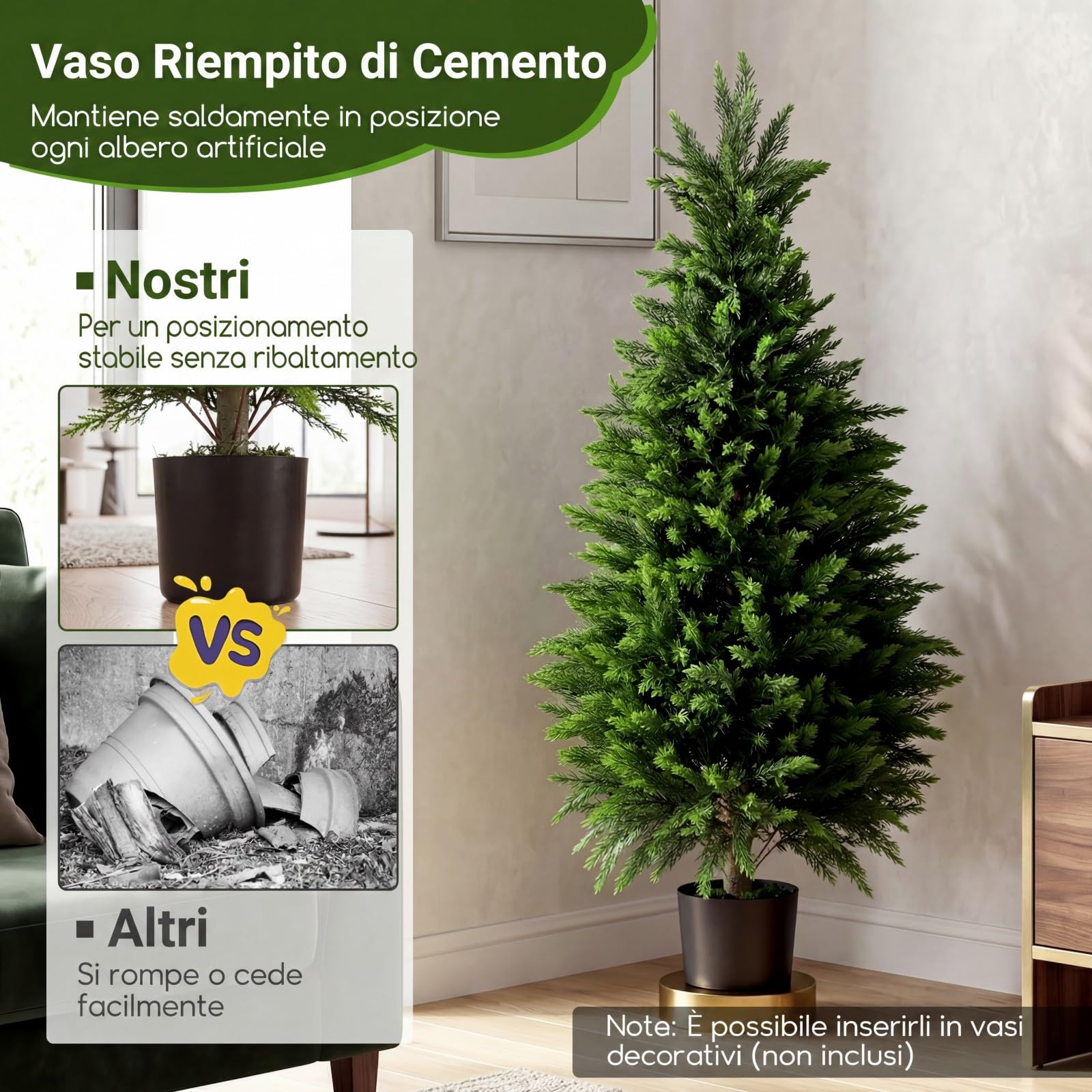 COSTWAY Set di 2 Alberi Artificiali di Cedro, Albero Artificiale in Vaso con Cemento e Fondo Rinforzato, Resistenti al Sole, Pianta Topiaria Finta da Interno e Esterno, per Casa e Ufficio (120 cm)
