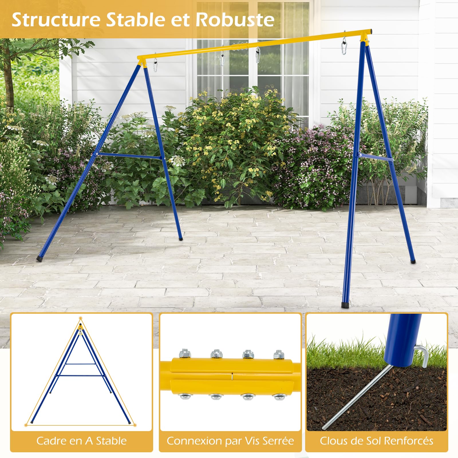 RELAX4LIFE Portique Balançoire Extérieur en Métal, Cadre de Balançoire Enfant en Forme A avec 4 Piquets de Terre, 4 Mousqueton, Deux sur la Balançoire Charge 300 KG pour Enfants 3 Ans+ (Jaune+Bleu)