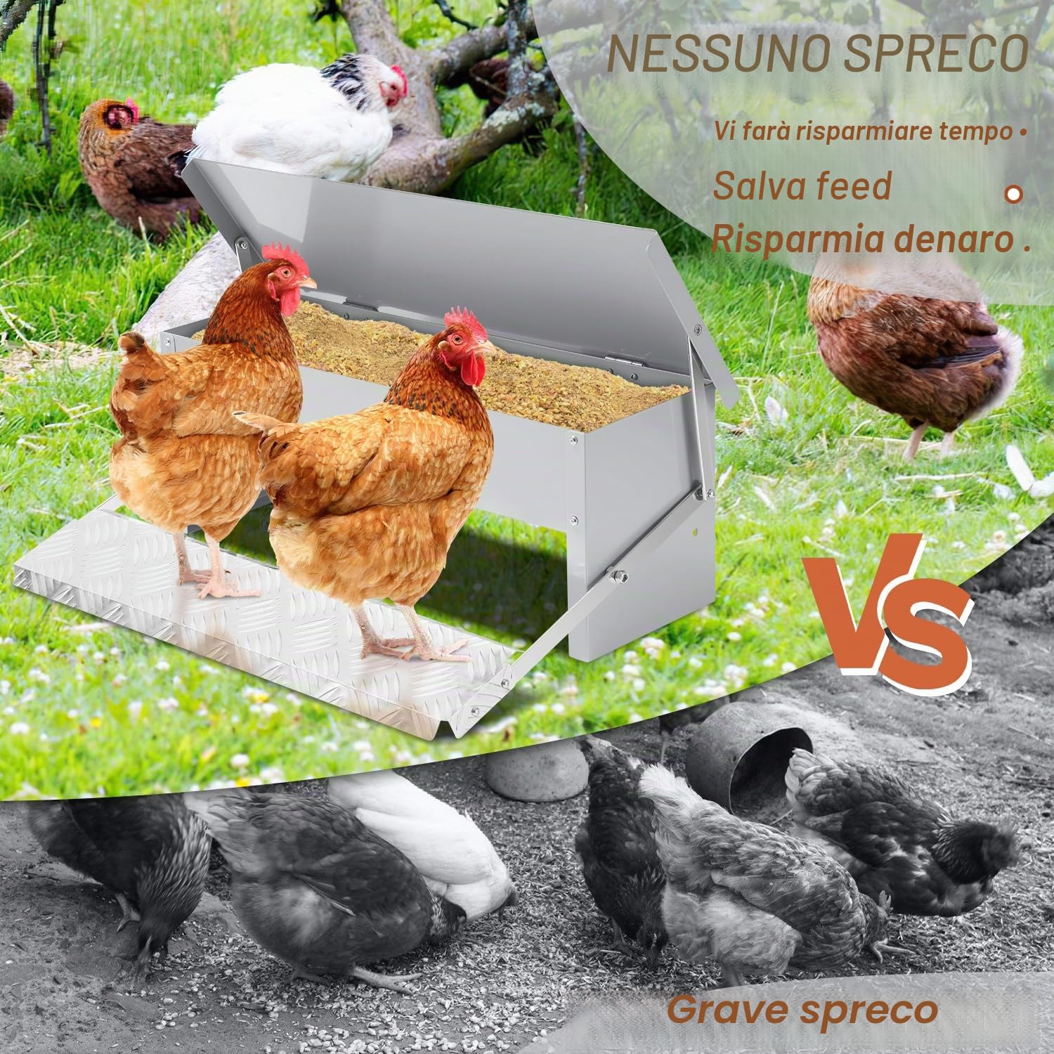 Sonnewelt Mangiatoia automatica per polli in acciaio zincato, 5 kg, distributore di mangime per polli, mangiatoia con pedale automatico e copertura impermeabile, mangime per polli e altri volatili
