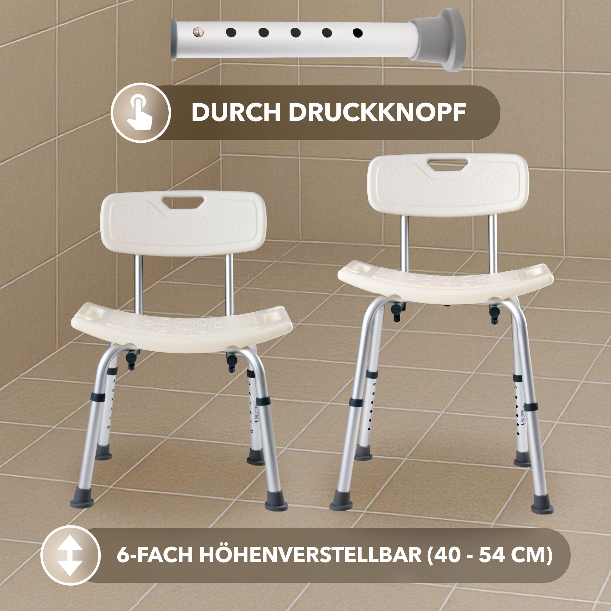 Arebos Duschhocker mit Rückenlehne & Brausenhalterung | Höhenverstellbarer Badestuhl 40–54 cm | rutschfeste Gummifüße | Leicht & Stabil | Bis 100 kg belastbar | Ideal für Senioren & Pflege