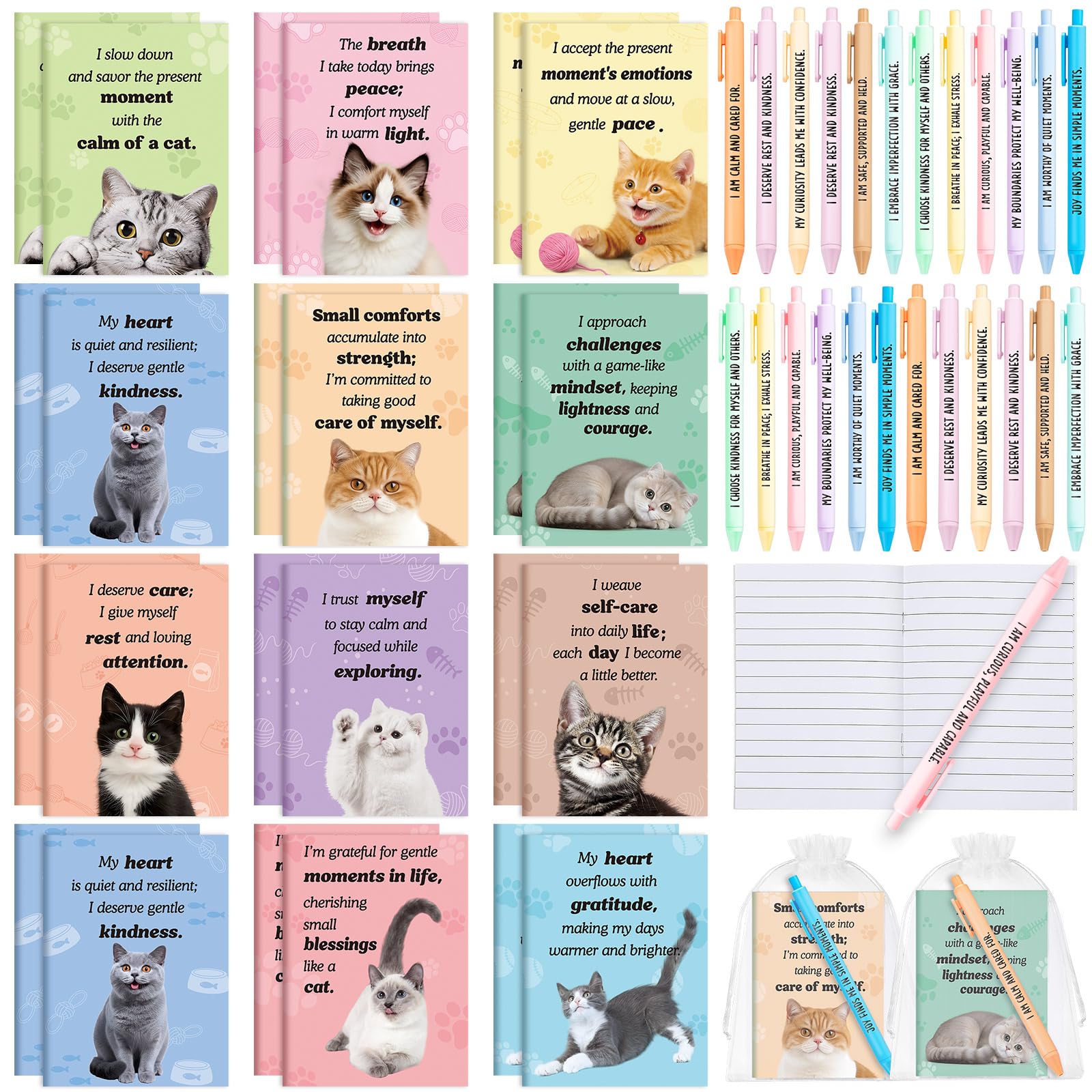 Mooliwe 48 Pcs Affirmation Notebooks Pens Bulk Gifts, Gratitude,Cat