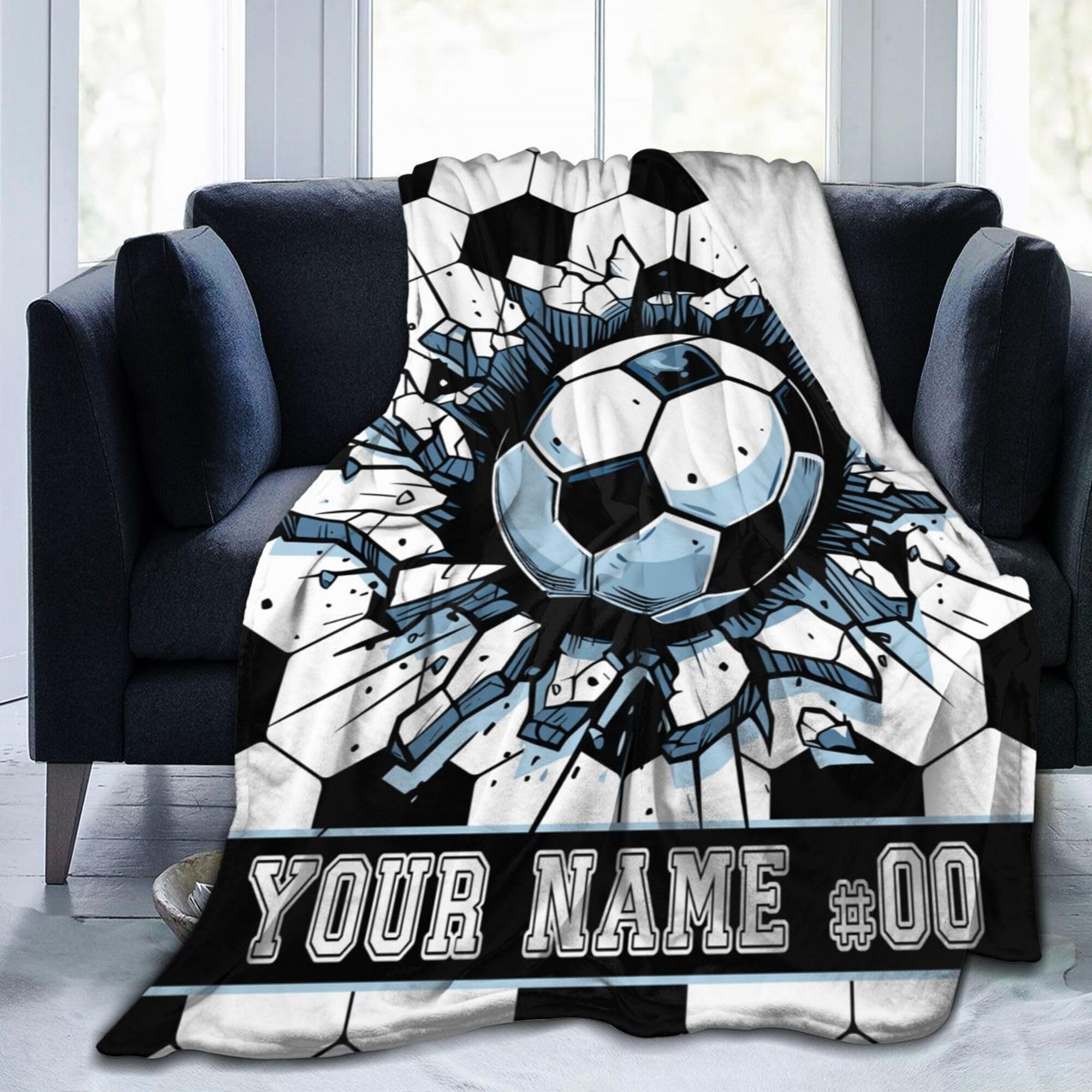 Homieblanket Custom Soccer Blanket with Name No. for Women Men, Personalized Cool Soccer Themed Design Printed Throw Blankets for Teens Adults Lap, Chair Sofa, Giftable Blanket, 50