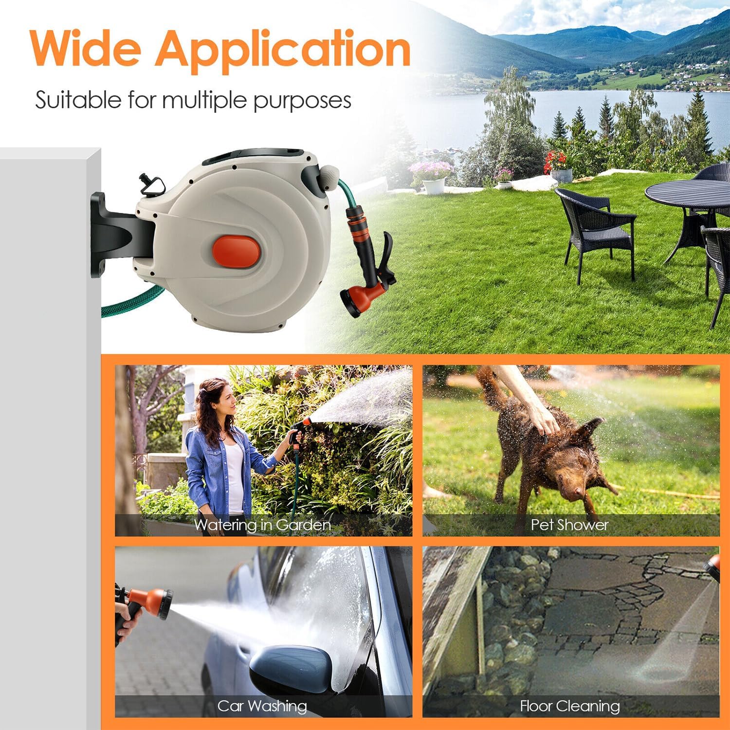 Retractable Hose Reel, Garden Hose Reel, 65FT x 1/2 Inch, 180° Swivel Bracket Wall-Mounted, Garden Water Hose Reel w/8-Pattern Nozzle, Automatic Rewind, Lock at Any Length, Slow Return System (65FT)