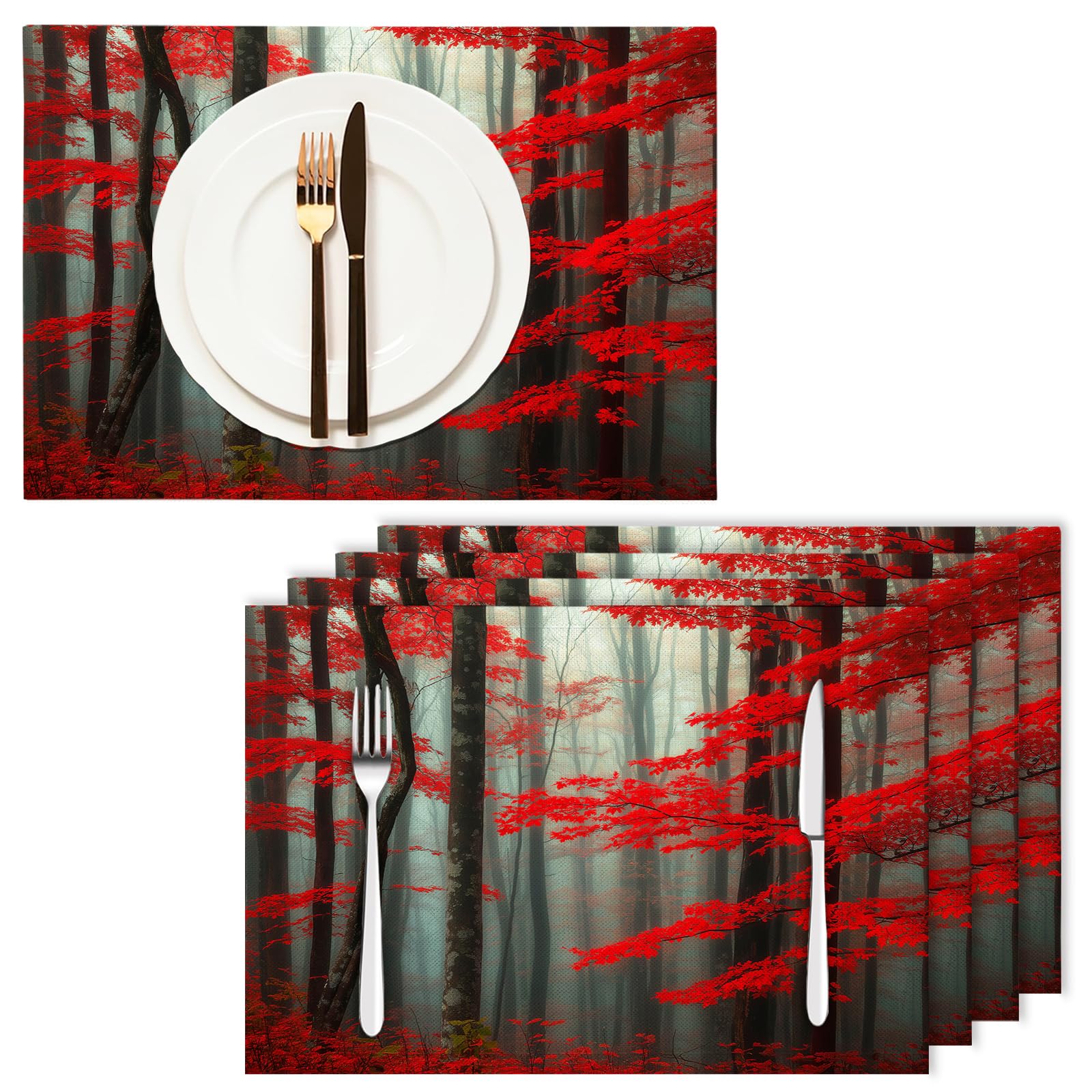 Set di 8 Tovagliette Americane Lavabili Cotone Lino Paesaggio - Tovaglietta Americana Resistenti al Calore Durevole Foglie rosse della foresta - per Colazione Pranzo 30×45 cm
