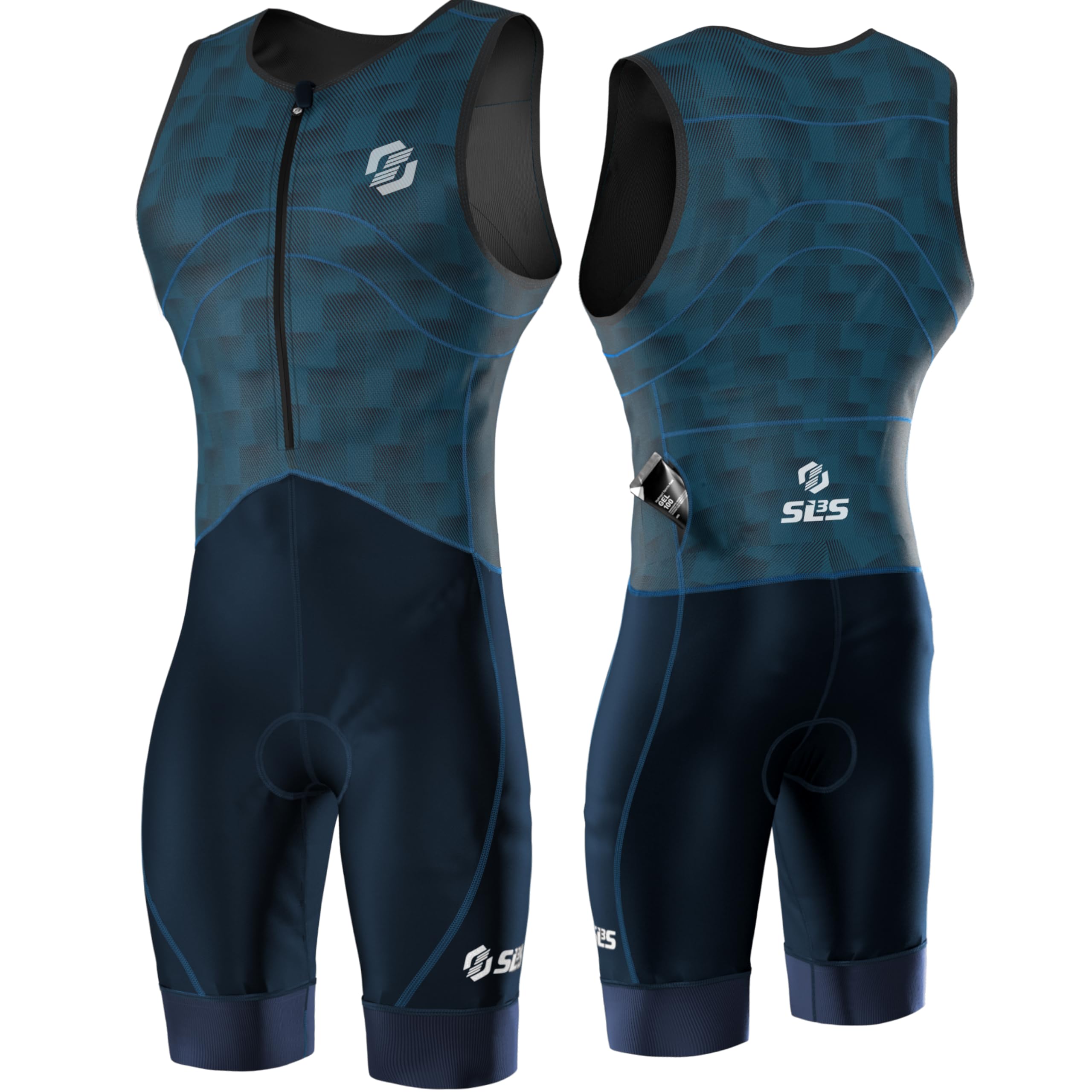 Sls3 Men's Navy Fractal Triathlon Suit - Premium Pro Trisuit For - Lightweight Quick-Dry Sleeveless Tri Suit With Large Back Pocket For Swim Bike Run (, Large)