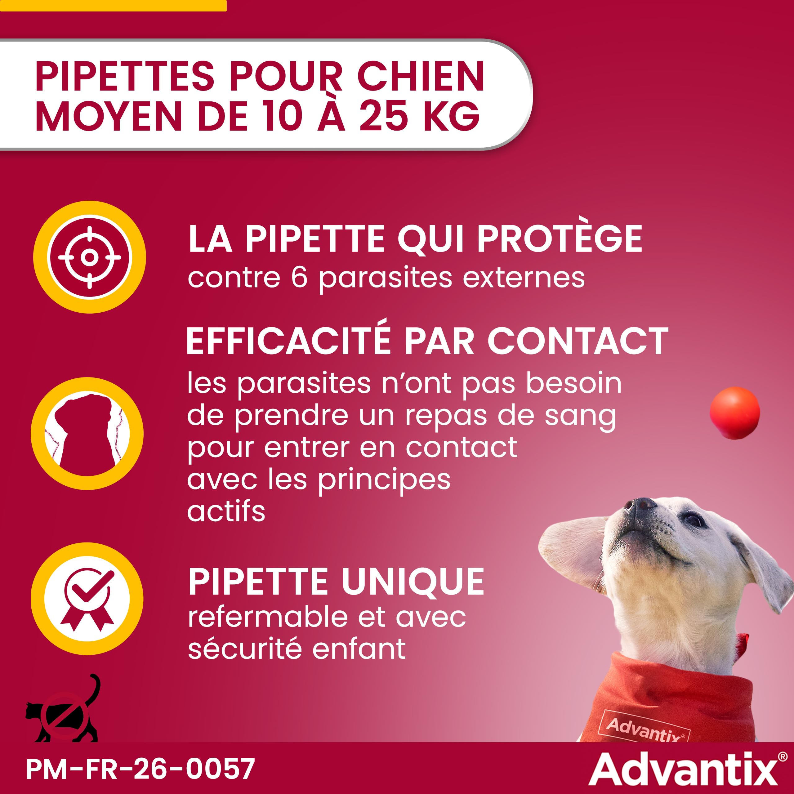 Advantix Chien Moyen entre 10 et 25 kg – Pipettes pour chien contre 6 parasites – Traitement en pipette pour une protection en continu pendant 4 semaines – 6 x 2,5 ml
