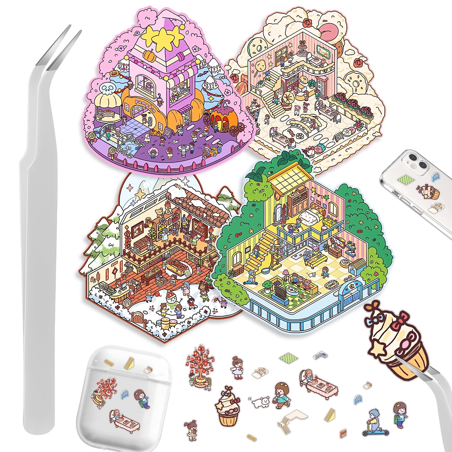 Yaozyety DIY 3D Stickers Scene, 4 Sets Fun DIY 3D House Stickers - Big House Theme - Cartoon Scene Sticker for Adult Relief Stress Pass The Time