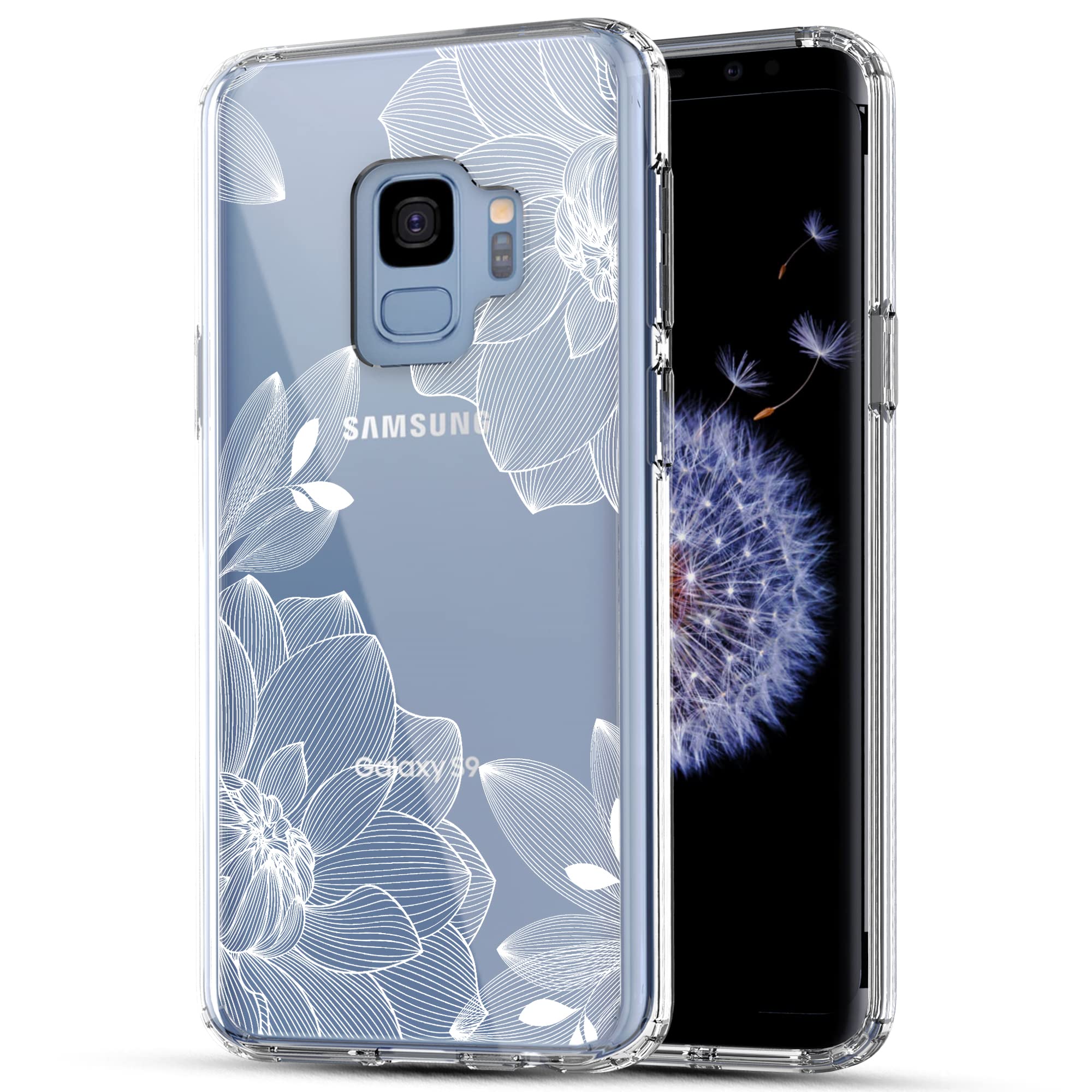RANZGalaxy S9 Case, Anti-Scratch Shockproof Series Clear Hard PC+ TPU Bumper Protective Cover Case for Samsung Galaxy S9 - White Lace Chrysanthemum