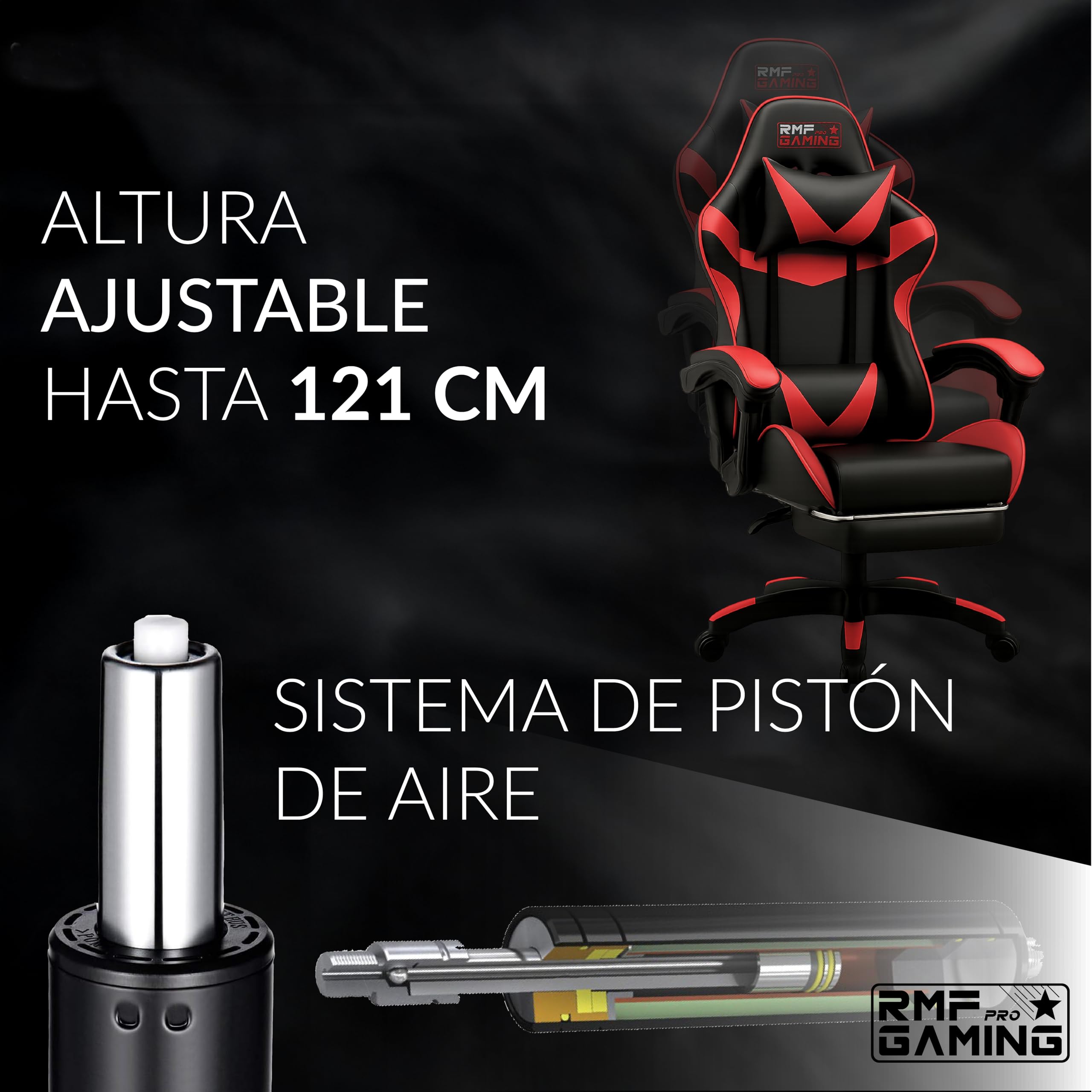 RMF Silla Gaming Profesional Ergonómica Reclinable, Sillón Gaming de Asiento Cómodo y Relajante con Reposapiés - Silla para Gamer con Ruedas Giratorias, Altura Ajustable Rojo/Negro