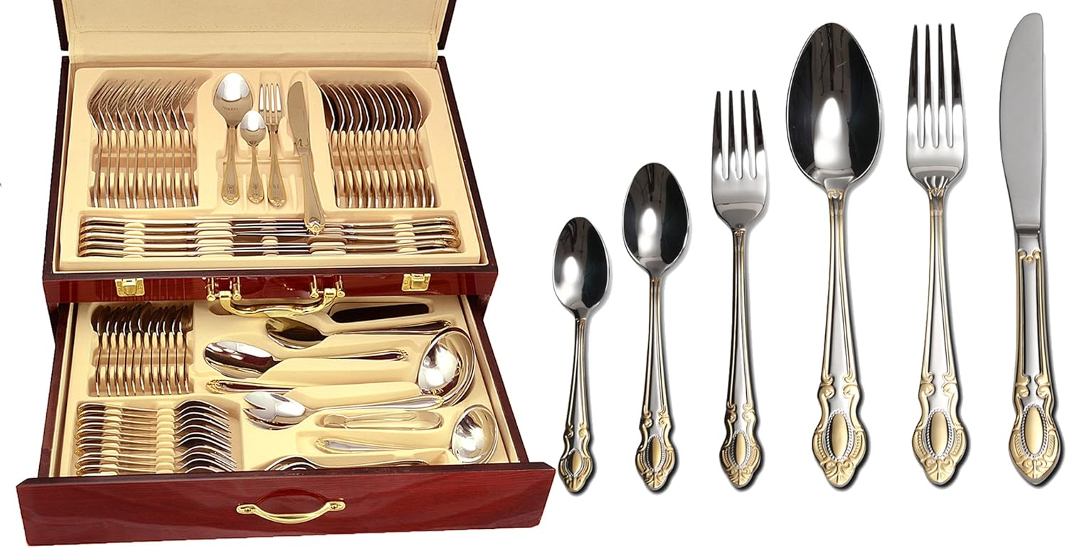 Venezia Collection "Michelangelo" 75-Piece Fine Flatware Set, Silverware Cutlery Dining Service for 12, Premium 18/10 Surgical Stainless Steel, 24K Gold-Plated Hostess Serving Set, Wooden Storage Case