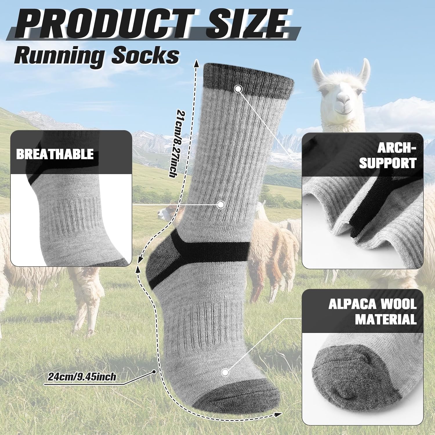 Cutecrop 2 Pairs Alpaca Wool Hiking Socks | Thick Thermal Warm Breathable Winter Crew Sock, Comfortable Moisture Wicking Boot Sock for Hiking Running Outdoor, Men& Women