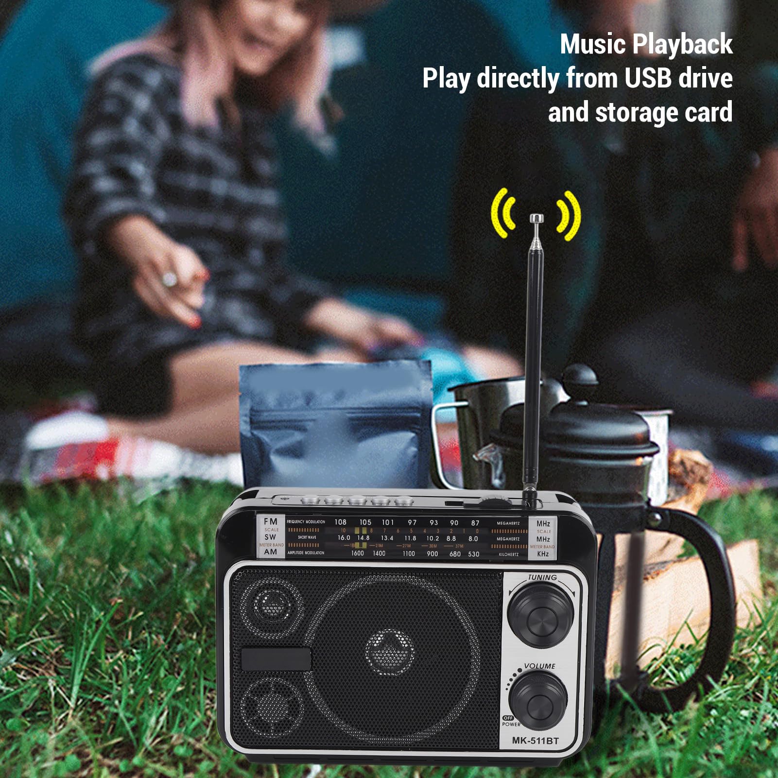 Przenośne Radio FM AM SW z BT, Głośnikiem Vintage Retro, USB/SD, Teleskopową Anteną, do Podróży i Domu, Wtyczka UE